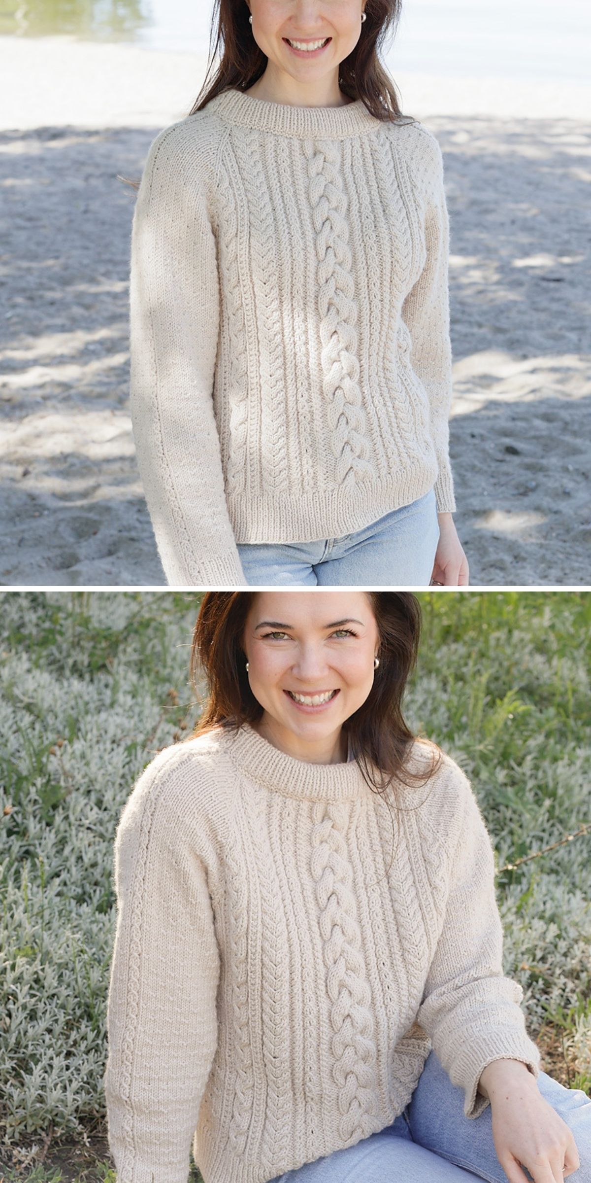 A woman wearing a cream-colored cable-knit sweater and blue jeans.