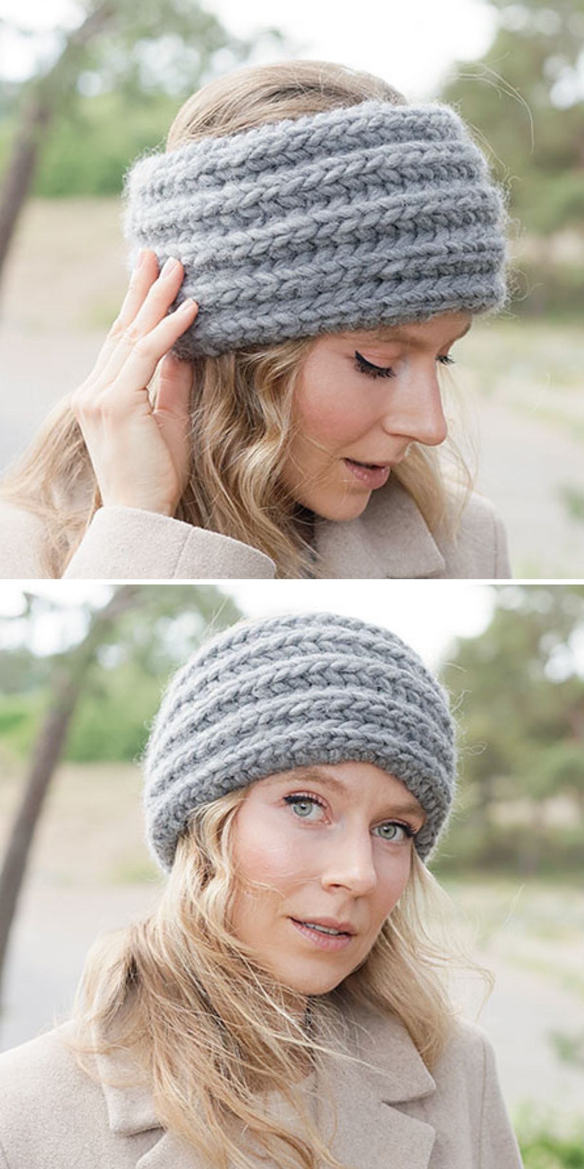 A woman with wavy blonde hair wears a stylish, thick knitted headband in gray outdoors, shown from side and front angles.