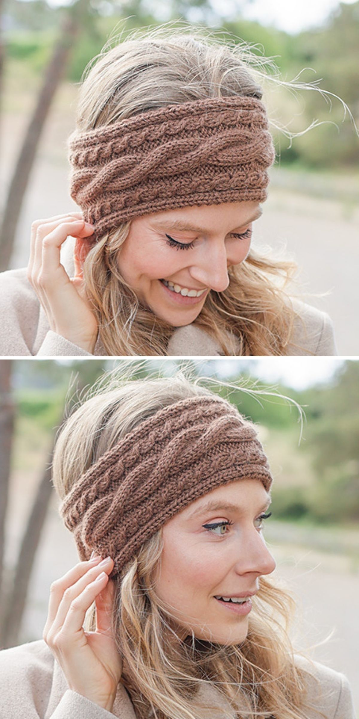 A person wears a stylish knitted headband outdoors, shown in two angles: looking down and smiling in the top image, and looking to the side in the bottom image. The braided brown knitted headband adds a cozy touch to their look.