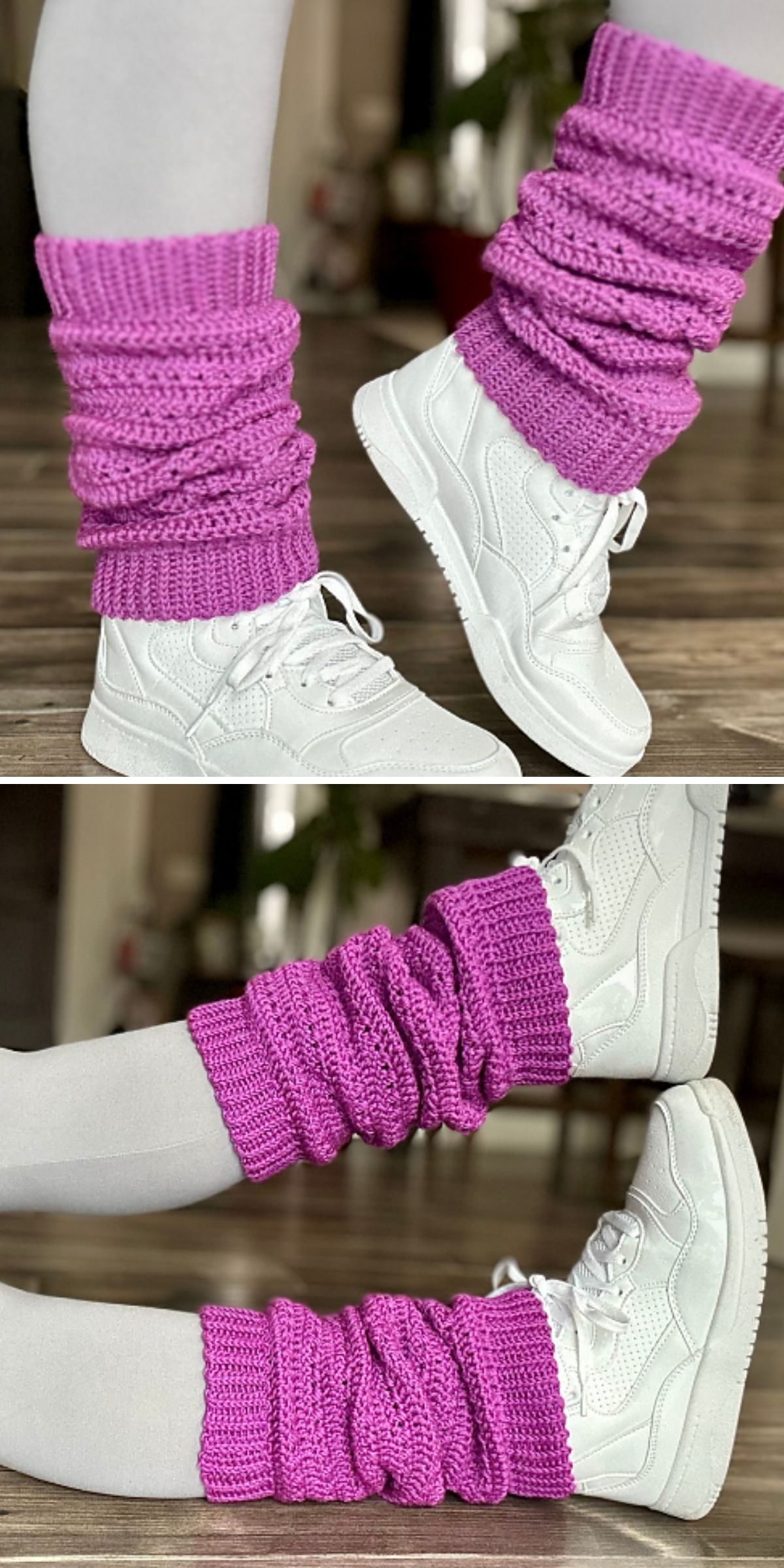 Two photos show a person wearing white sneakers and white tights, with bright purple crochet leg warmers — created using stylish Leg Warmer Patterns — scrunched around the ankles and lower legs on a wooden floor indoors.