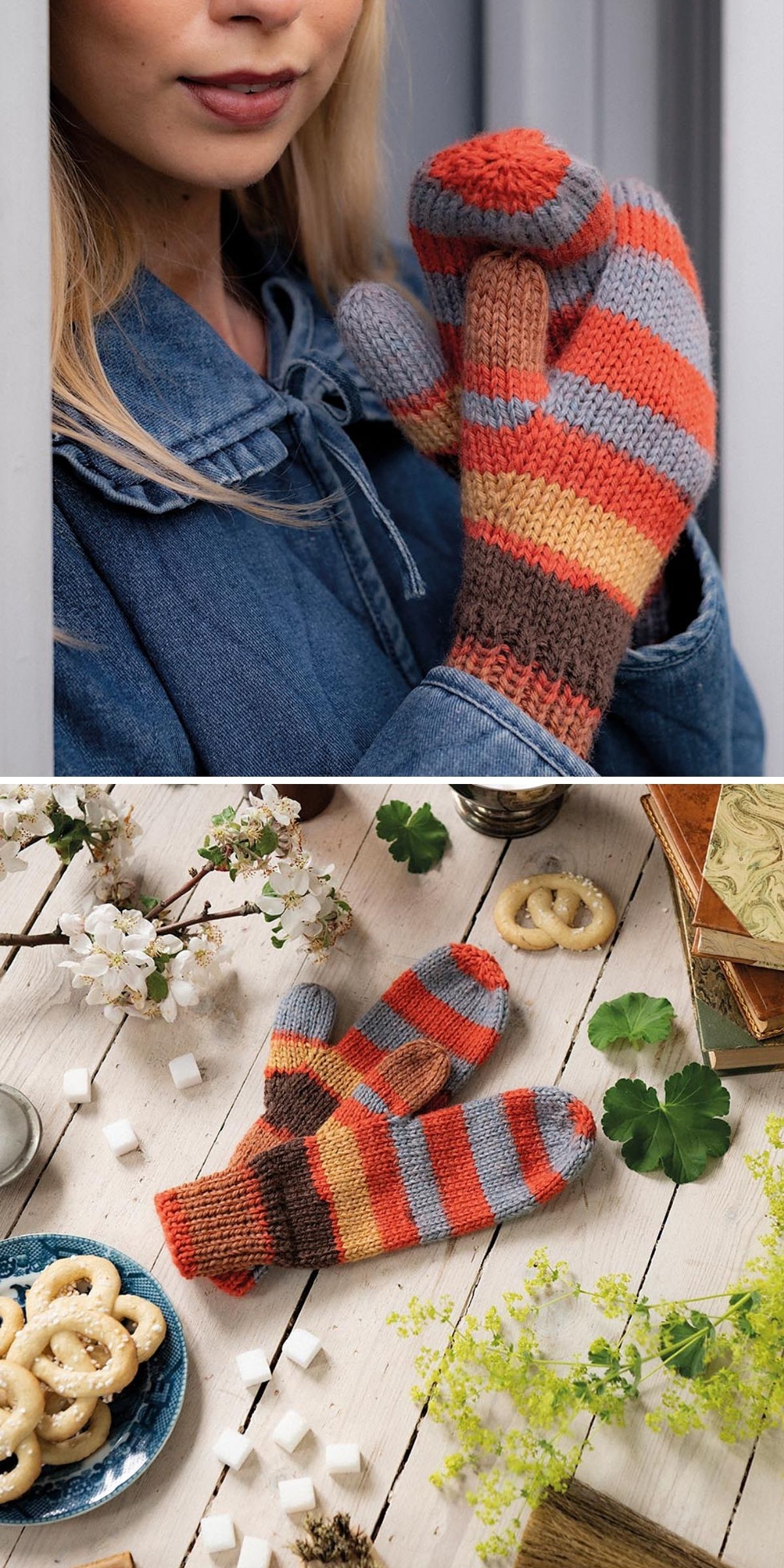 A person wears colorful knitted mitten, then the mittens are shown resting on a wooden table with snacks, books, and plants nearby.