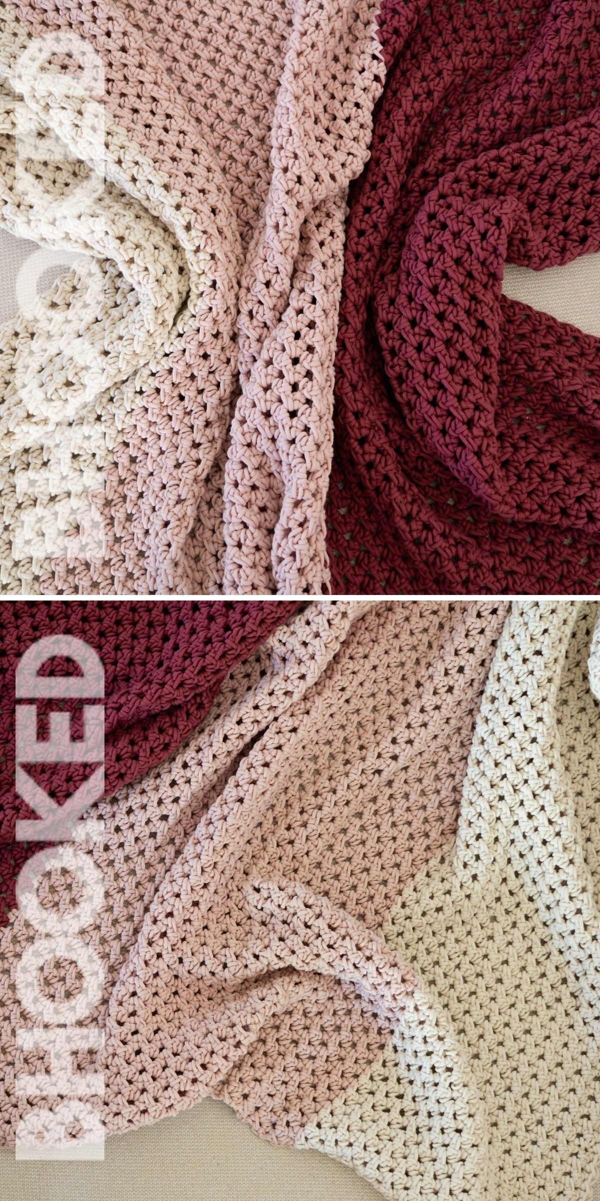 Two images show crochet chunky blankets with a textured stitch pattern in shades of cream, pink, and burgundy, draped and layered together on a flat surface. The word “HOOKED” is overlaid on both.