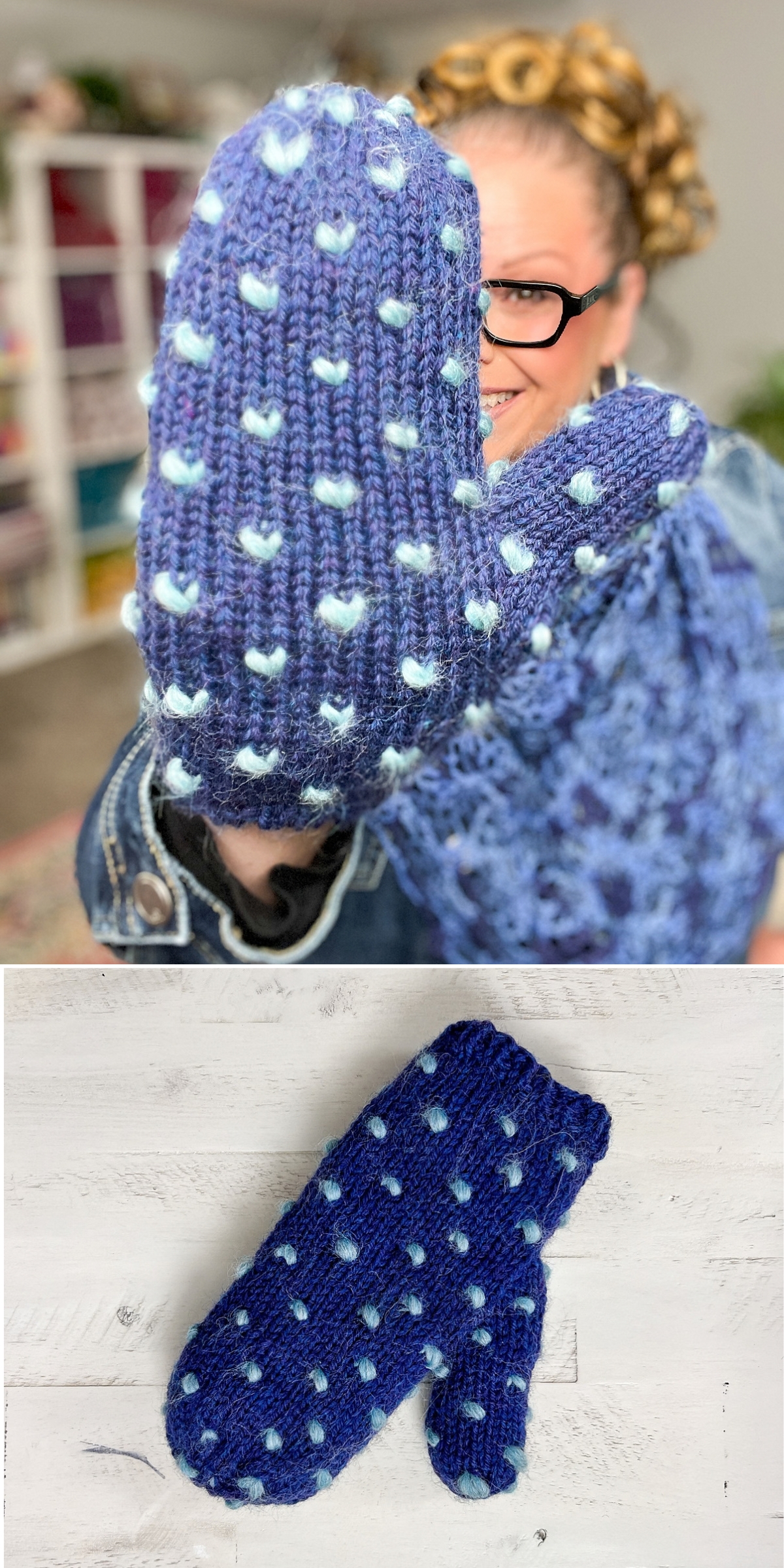 A person holds up a blue knitted mitten with light blue bobble accents; a similar mitten is shown lying flat on a white surface below.