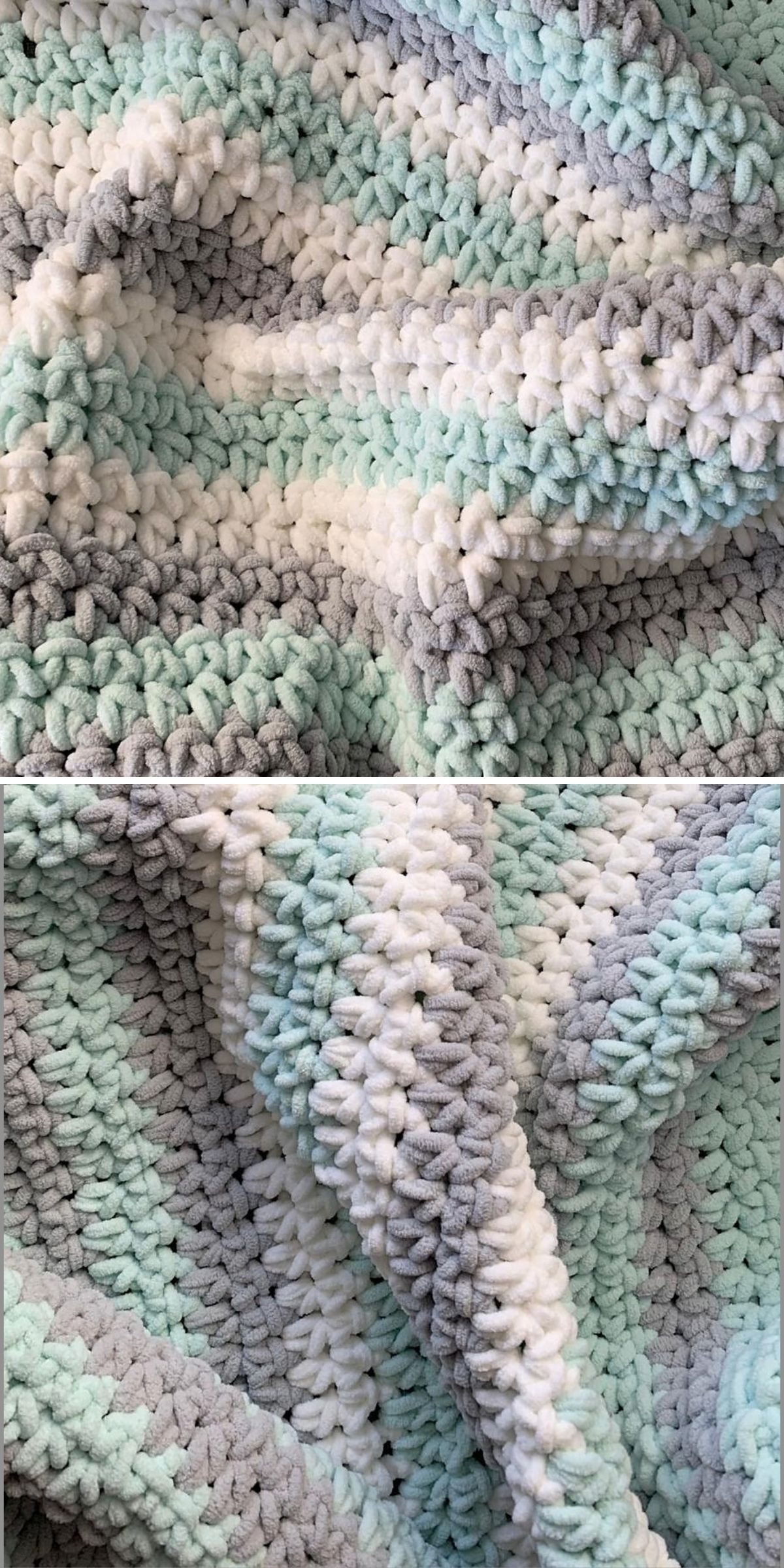 A soft, chunky-knit crochet blanket with horizontal stripes of white, mint green, and light grey yarn.