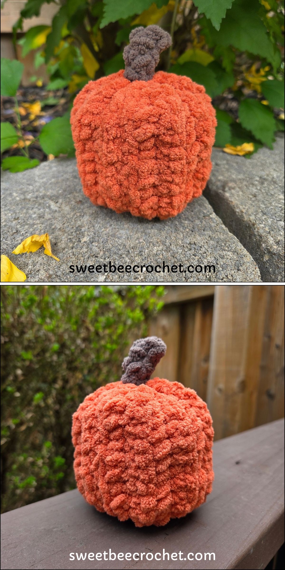 Two views of a crocheted orange pumpkin with a grey stem, featuring the text “sweetbeecrochet.com” at the bottom of each image.