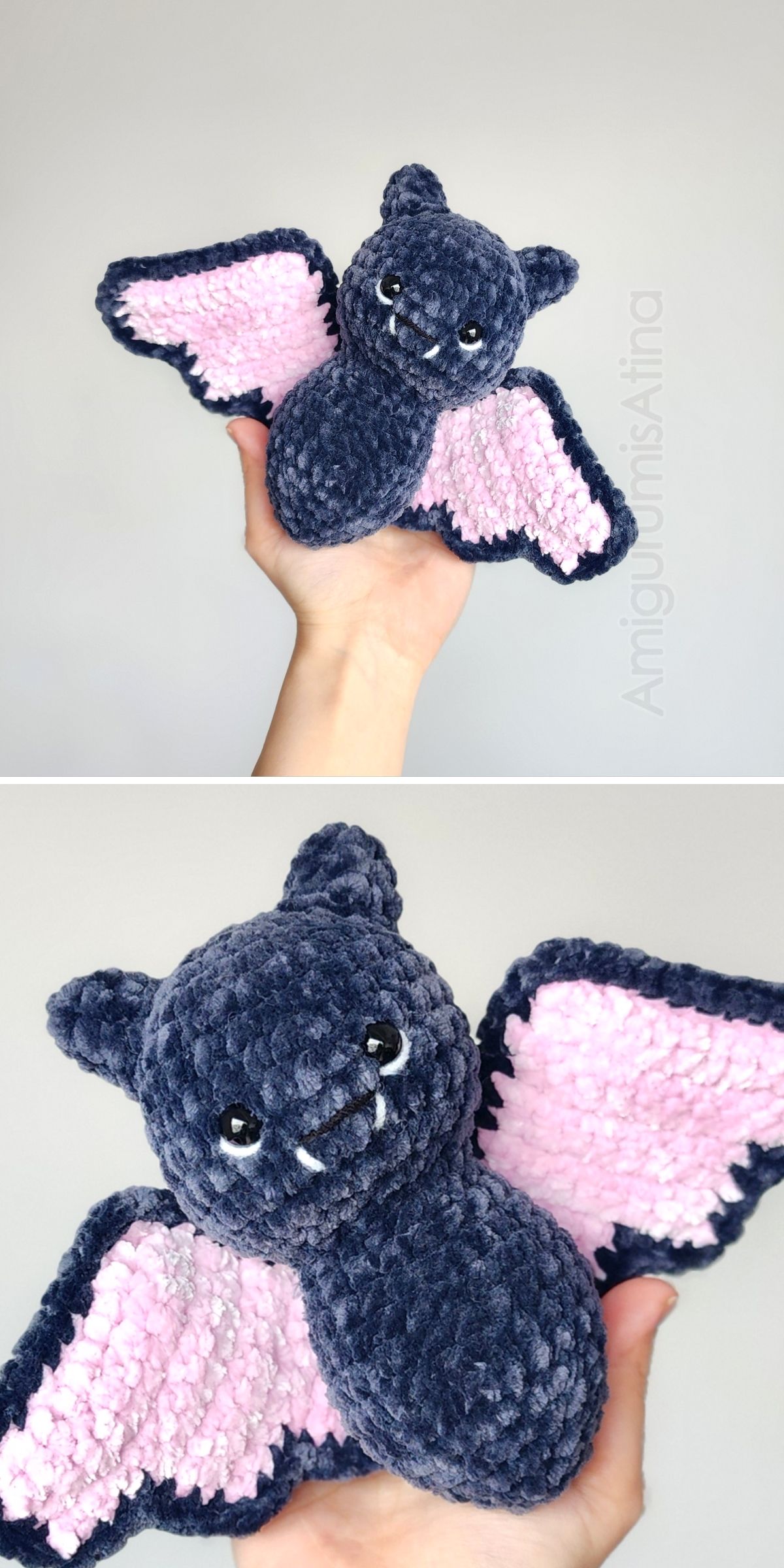 A handheld dark blue crochet bat plush with pink inner wings and white fangs.