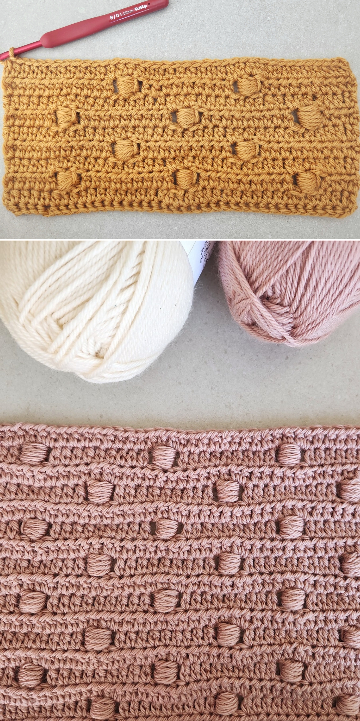 Two crochet swatches with raised bobble patterns, one in mustard yellow and one in pale pink, are shown alongside yarn balls and a crochet hook — perfect inspiration for your next bobble stitch blanket.