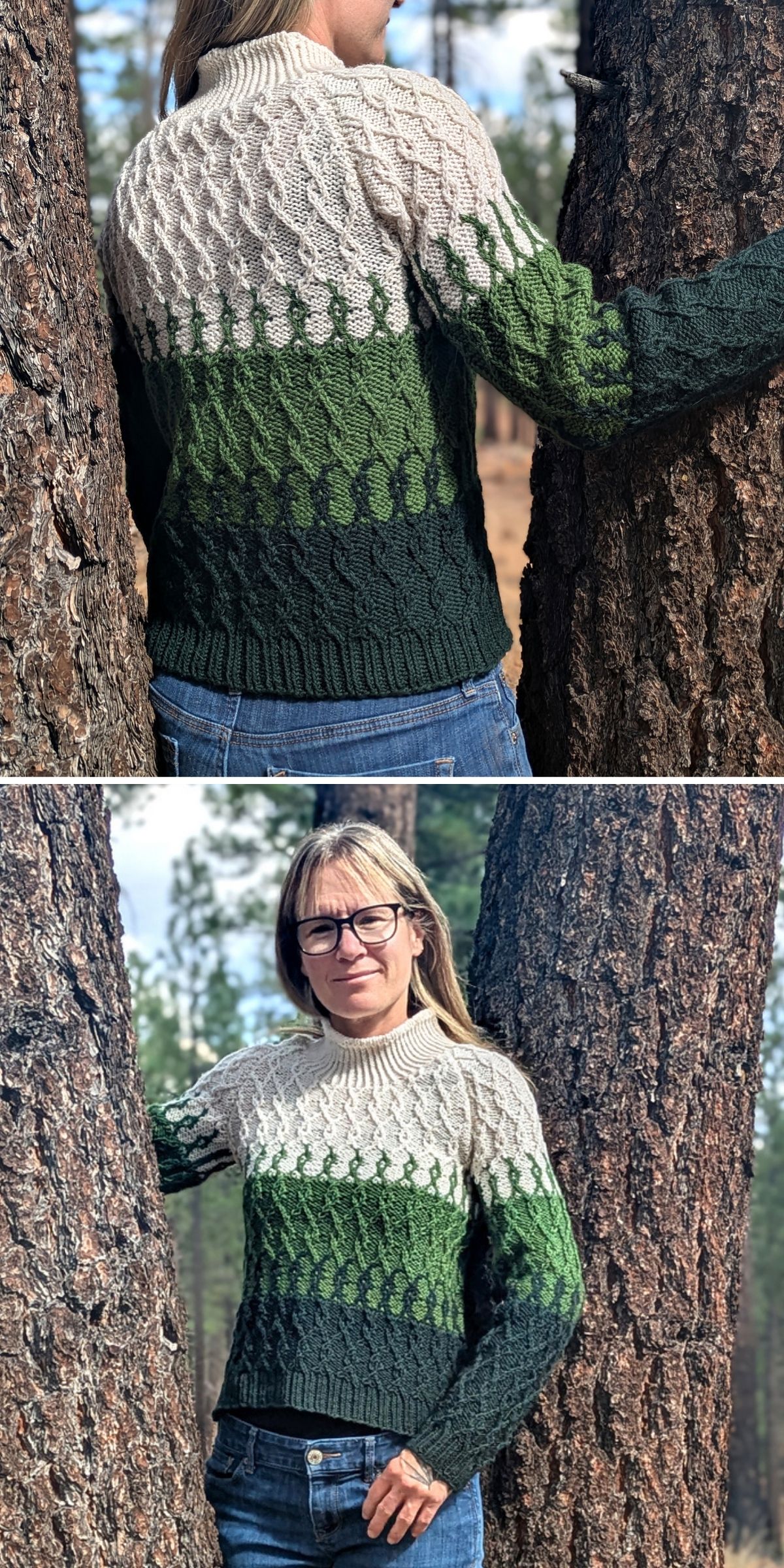 A person in a color-blocked cable-knit sweater with a cream, light green, and dark green gradient pattern stands between two pine trees.