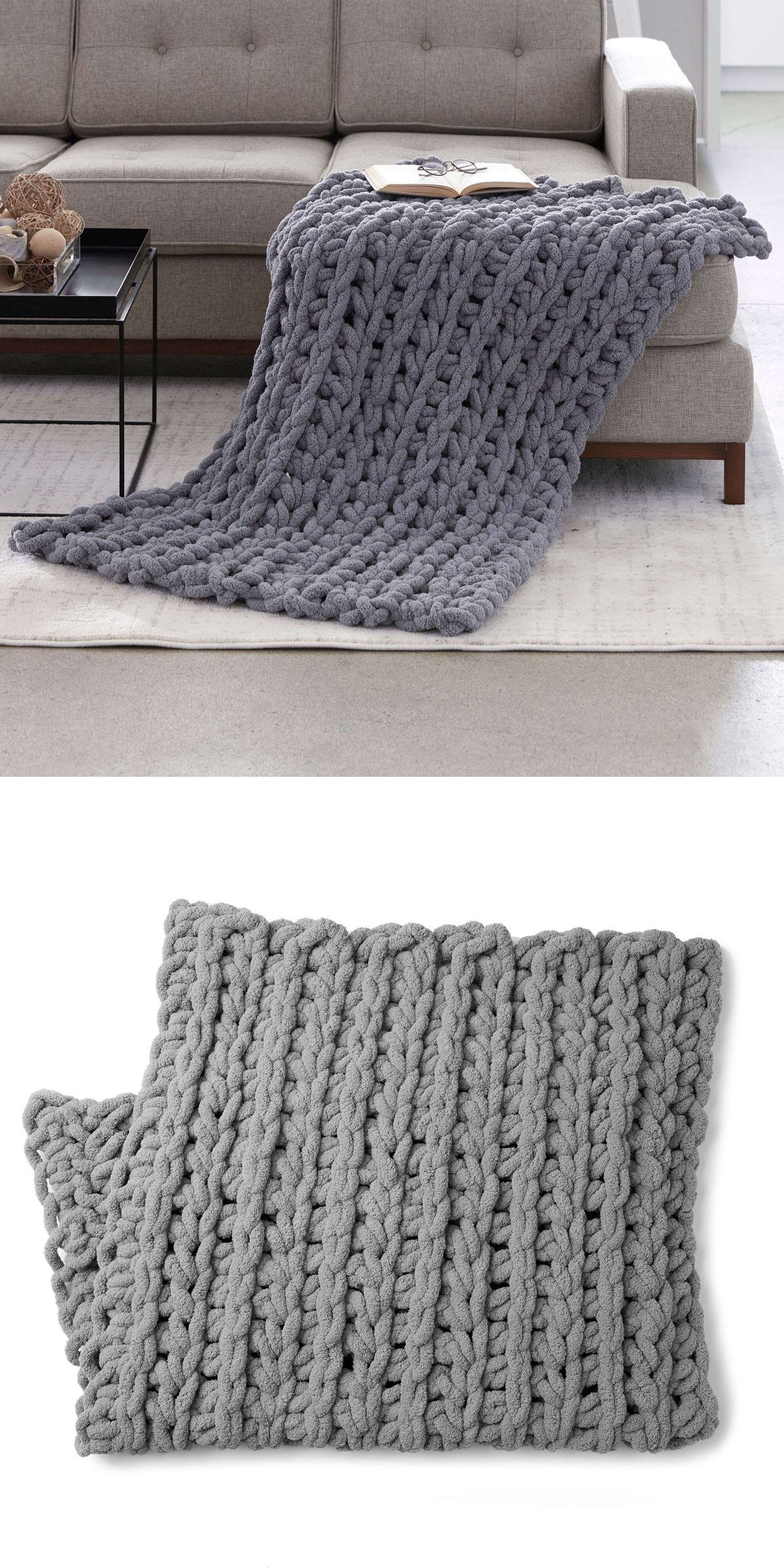 A crochet chunky blanket in gray is draped over a beige sofa, with a second image showing the blanket folded neatly on a white background.