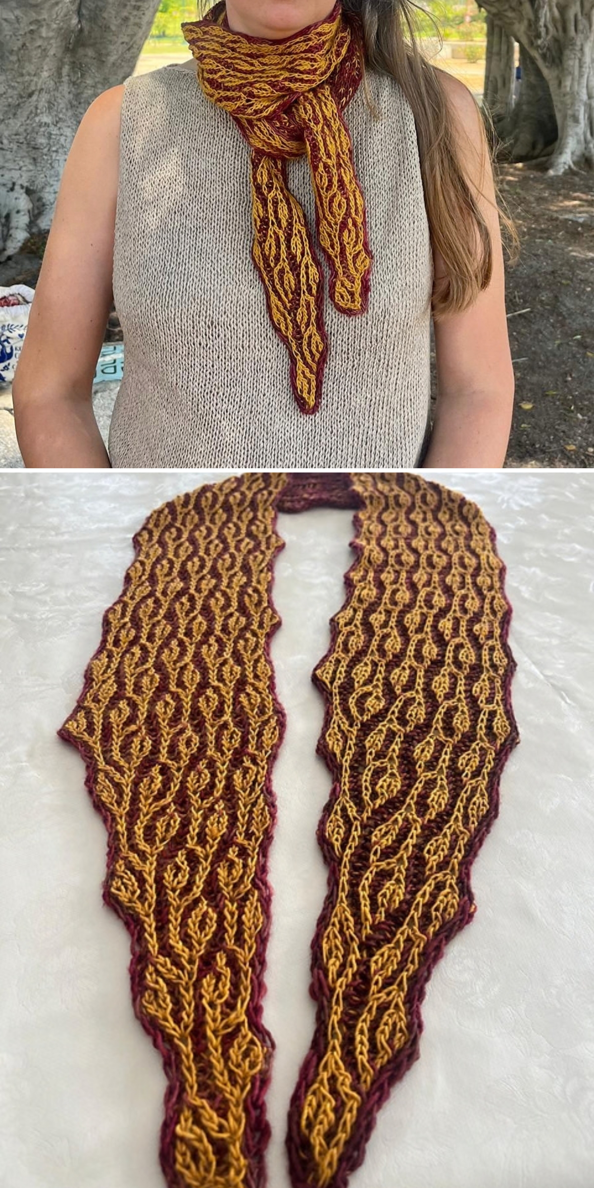 A person wears a knit lace scarf in gold and burgundy; a second image shows the same knit scarf laid flat, highlighting its intricate pattern and pointed ends.