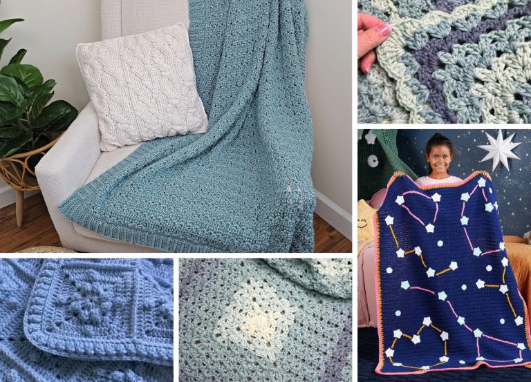 Collage of various crocheted blankets in different stitch patterns and colors, including a striking blue crochet blanket, draped on furniture, shown close-up, and held by a smiling child against a star-themed background.