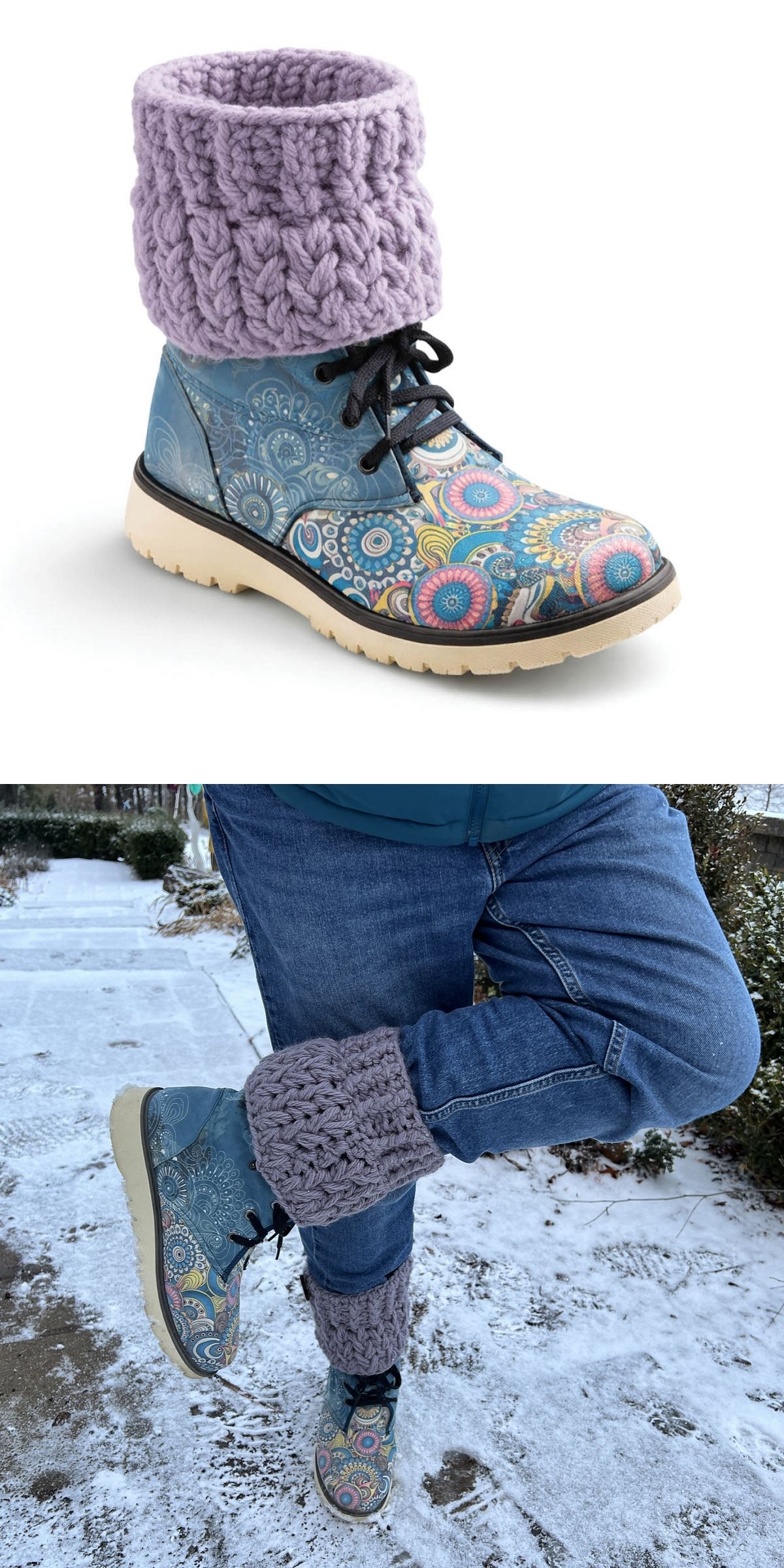 A blue patterned lace-up boot with a thick, chunky knit lavender cuff and crochet leg warmers, shown in isolation and worn on a person standing in the snow.