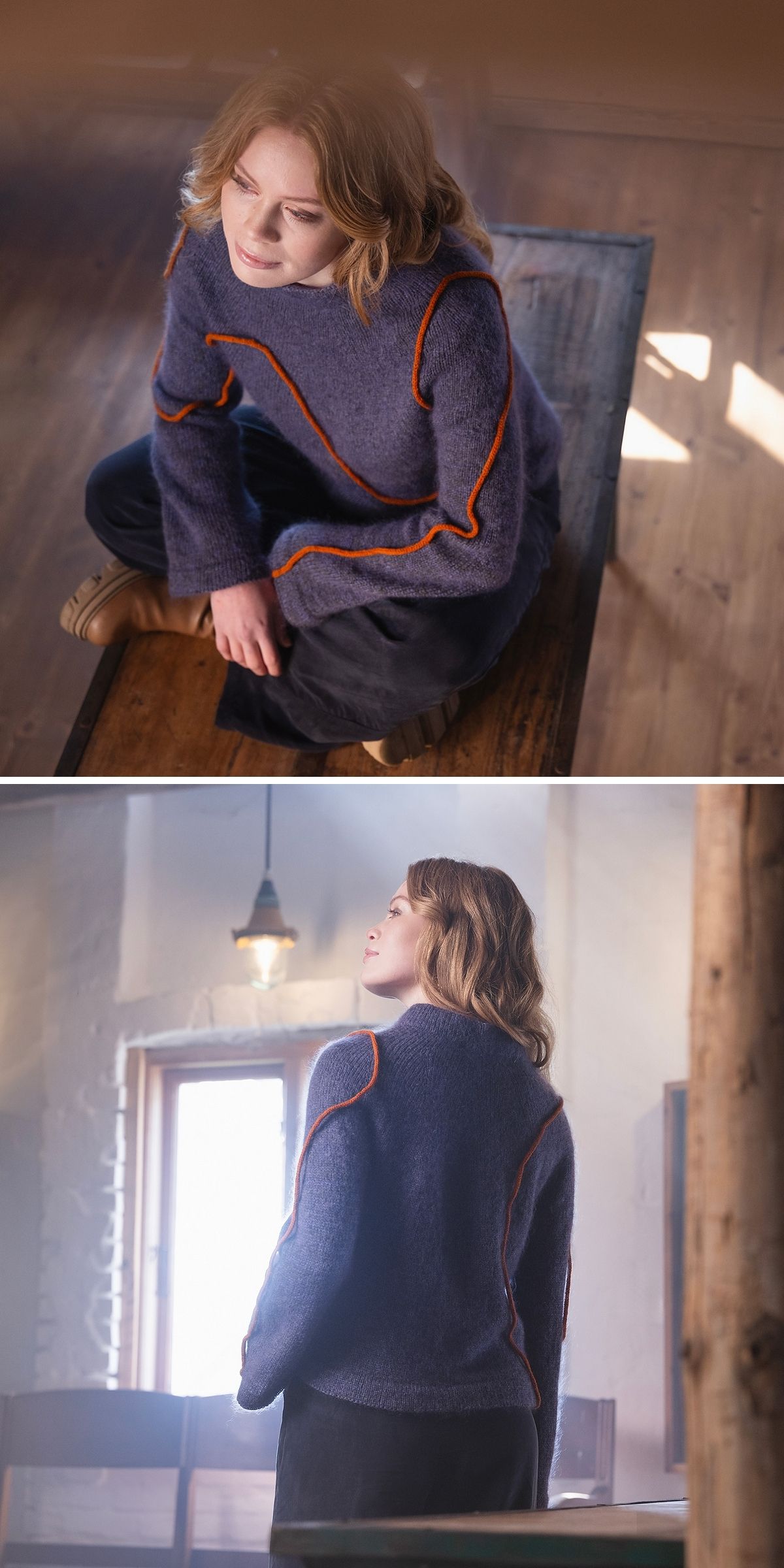 A woman wearing a knit sweater in purple with orange trim sits and stands in a softly lit room with wooden floors and a window.