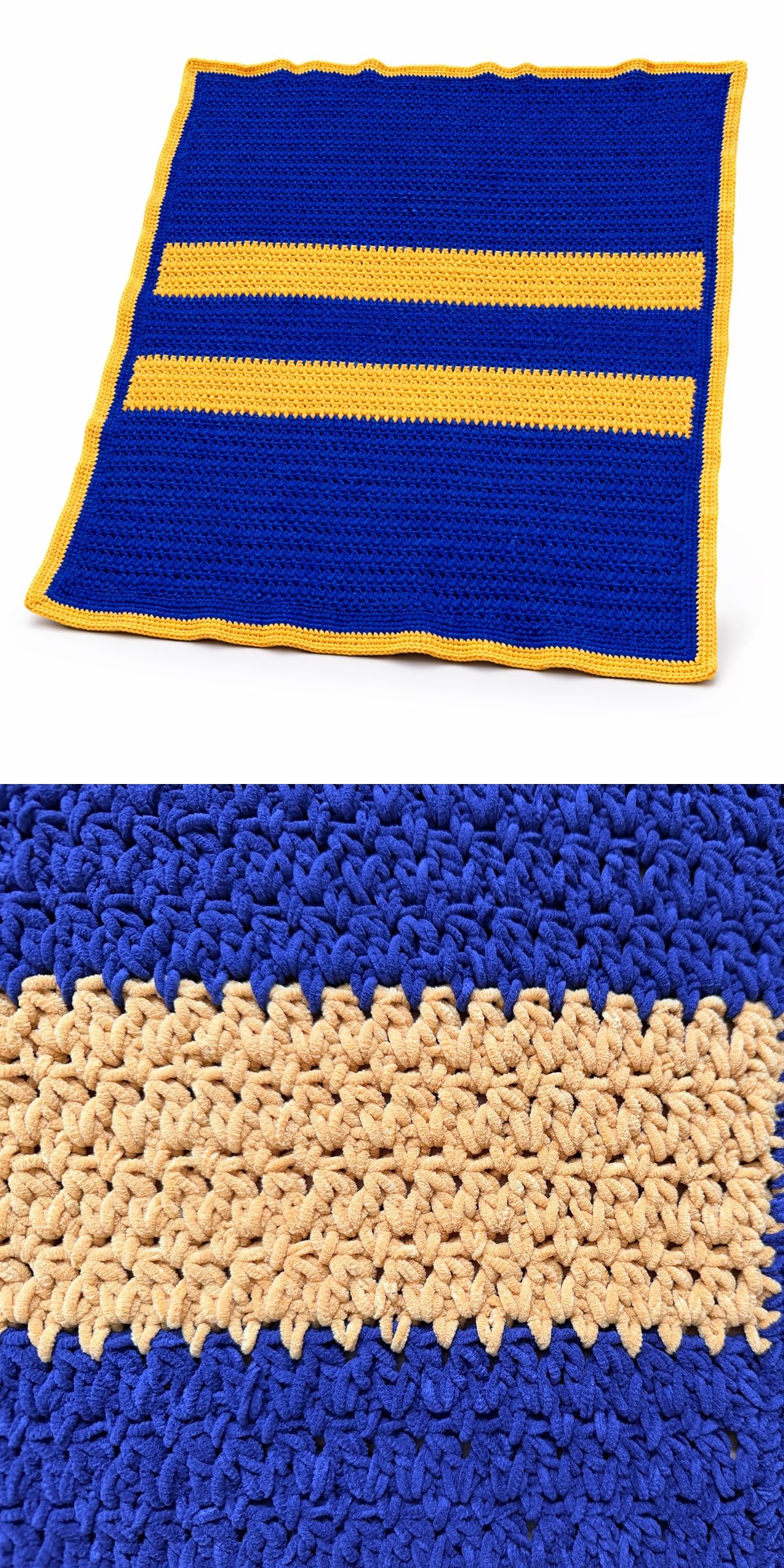 A rectangular blue crochet blanket with two horizontal yellow stripes and a yellow border, shown in full and in a close-up detail shot.