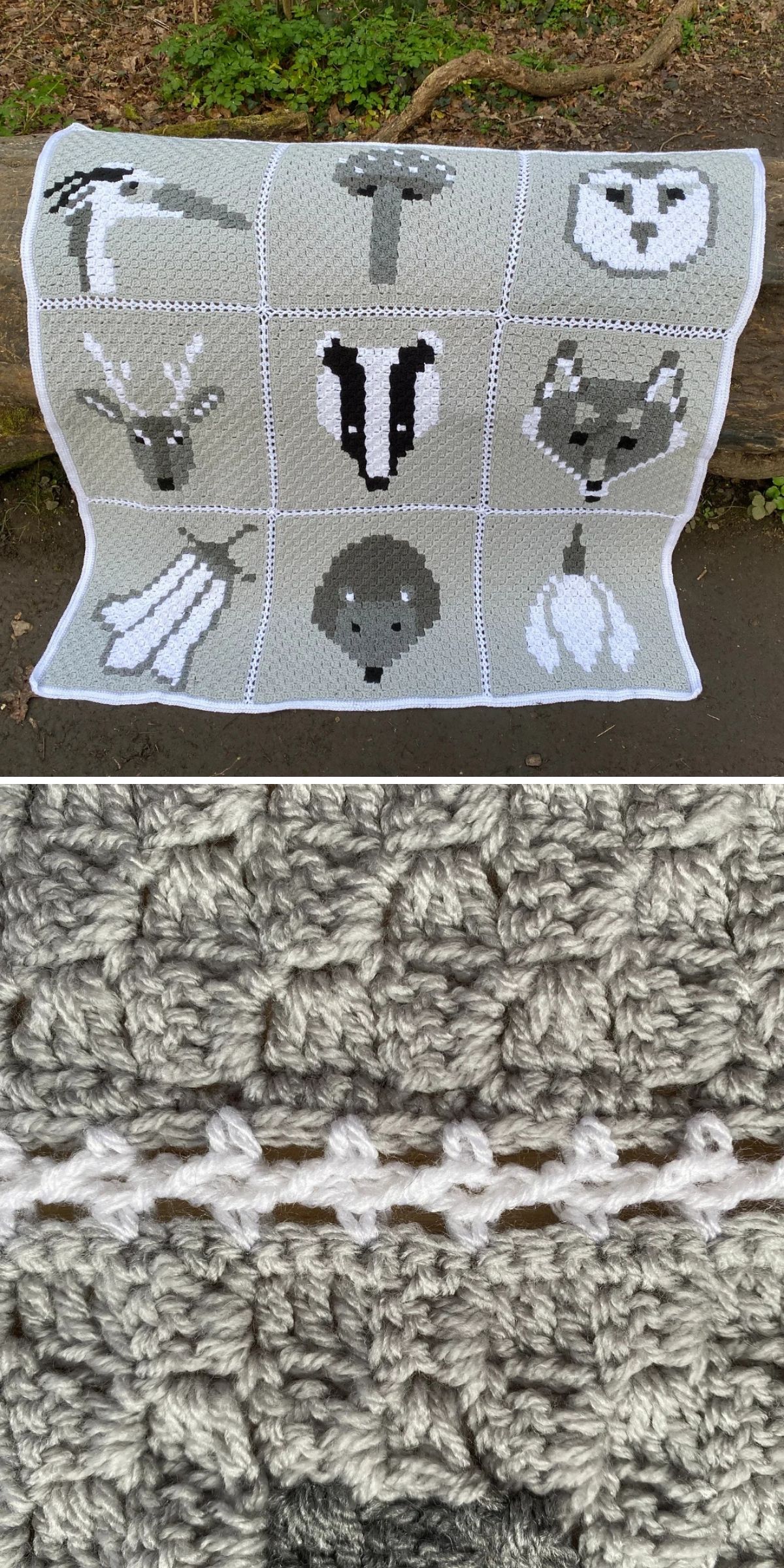 Crocheted blanket featuring a grid of nature-themed crochet animal squares, including a heron, mushroom, owl, deer, badger, wolf, moth, hedgehog, and snowdrop, with close-ups of grey and white yarn.