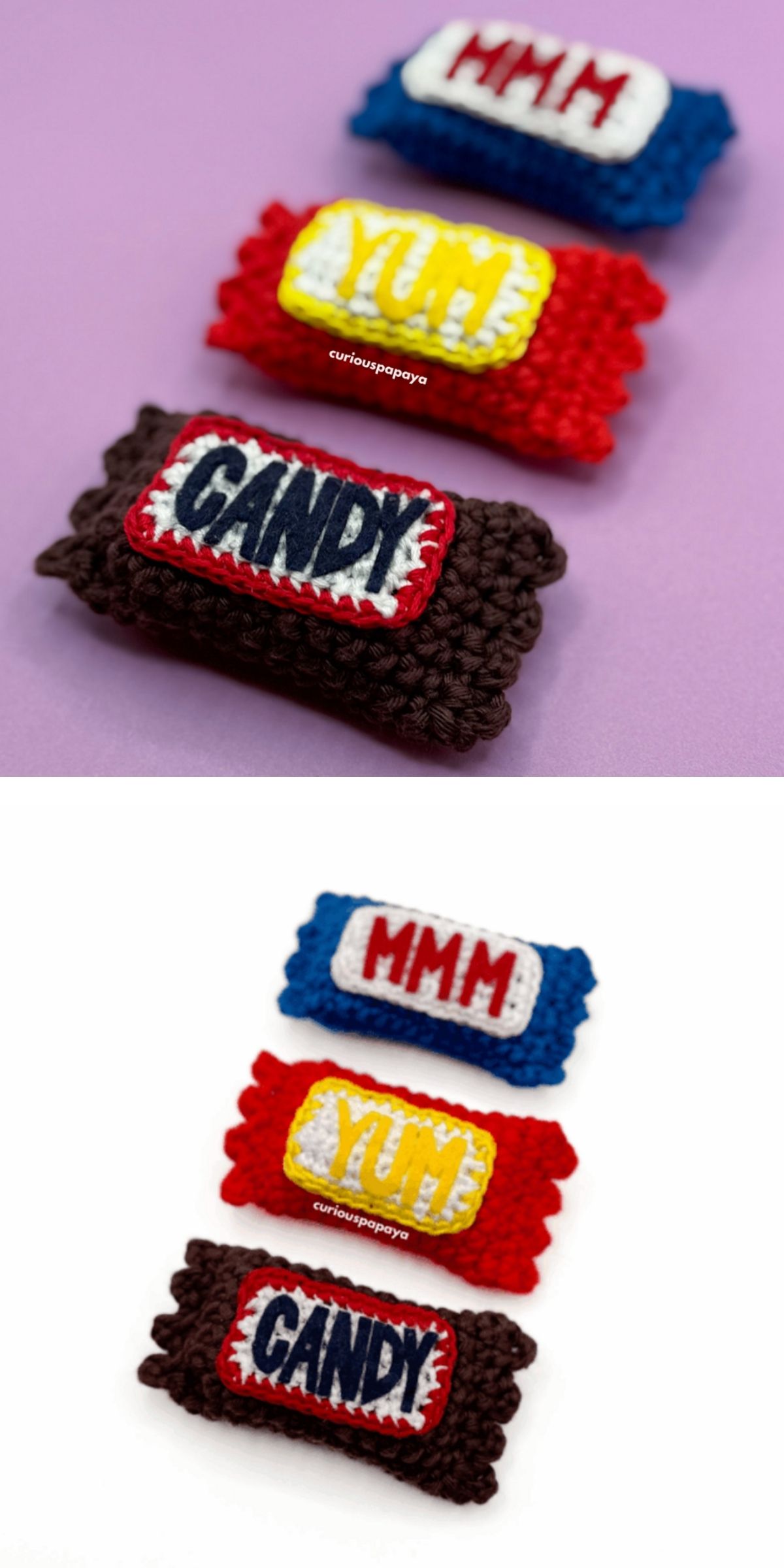 Three crocheted candies with labels “MMM,” “YUM!,” and “CANDY” are arranged in a vertical line, creating a playful crochet dessert display on a purple surface.