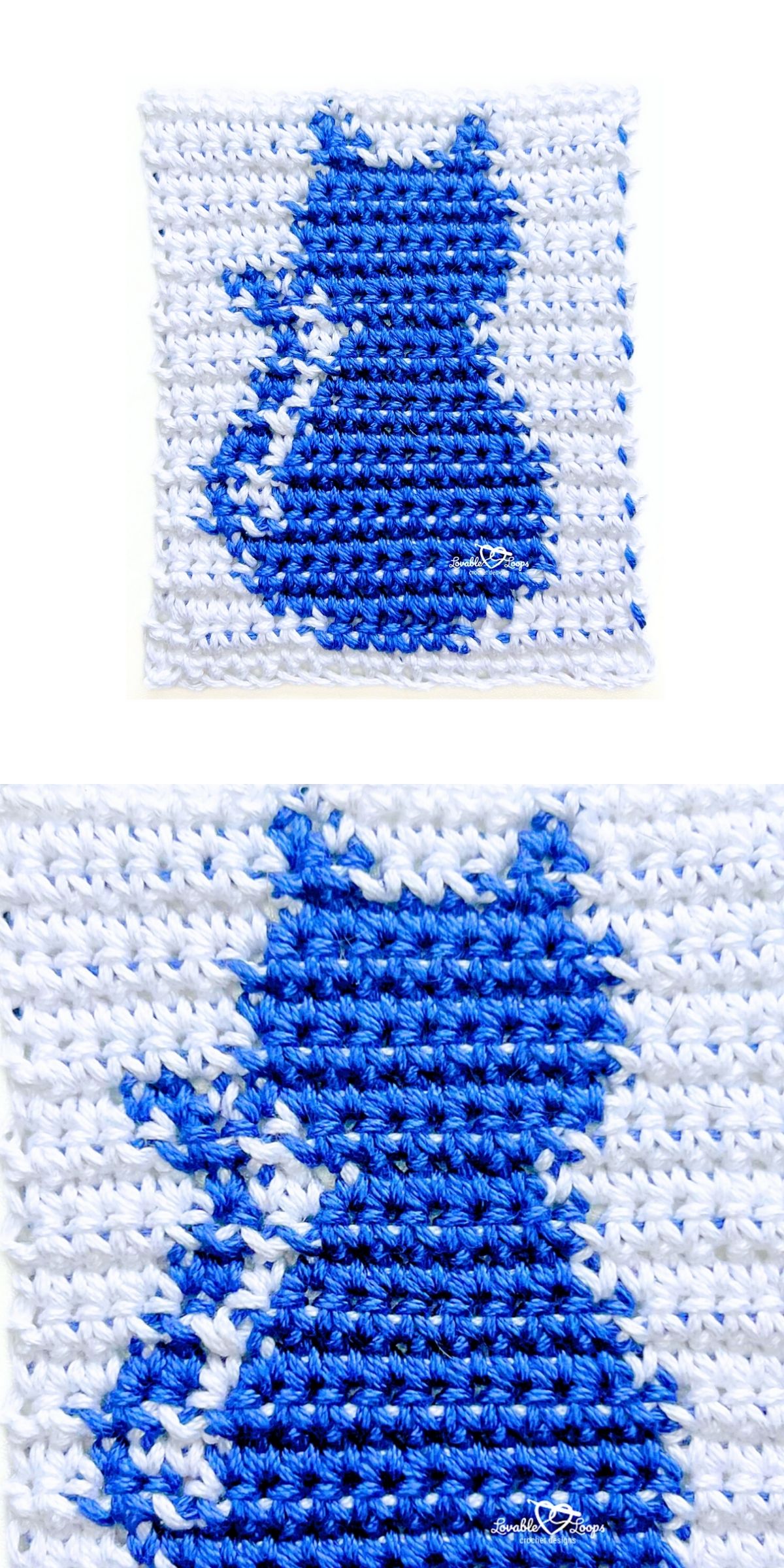 A square crochet animal piece in white and blue featuring a cat silhouette.