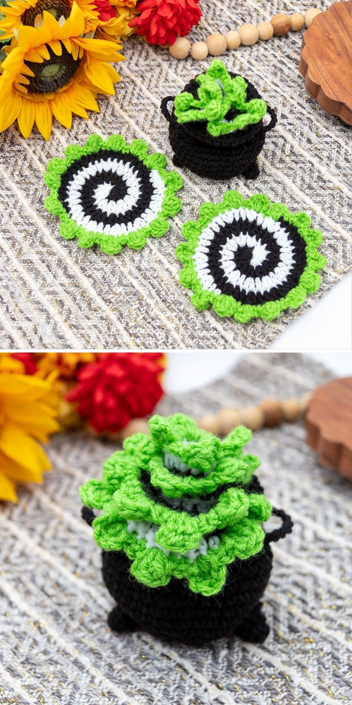 Two square crochet Halloween coasters with a black and white spiral design and a green ruffled edge, next to a small crochet succulent plant in a black pot.