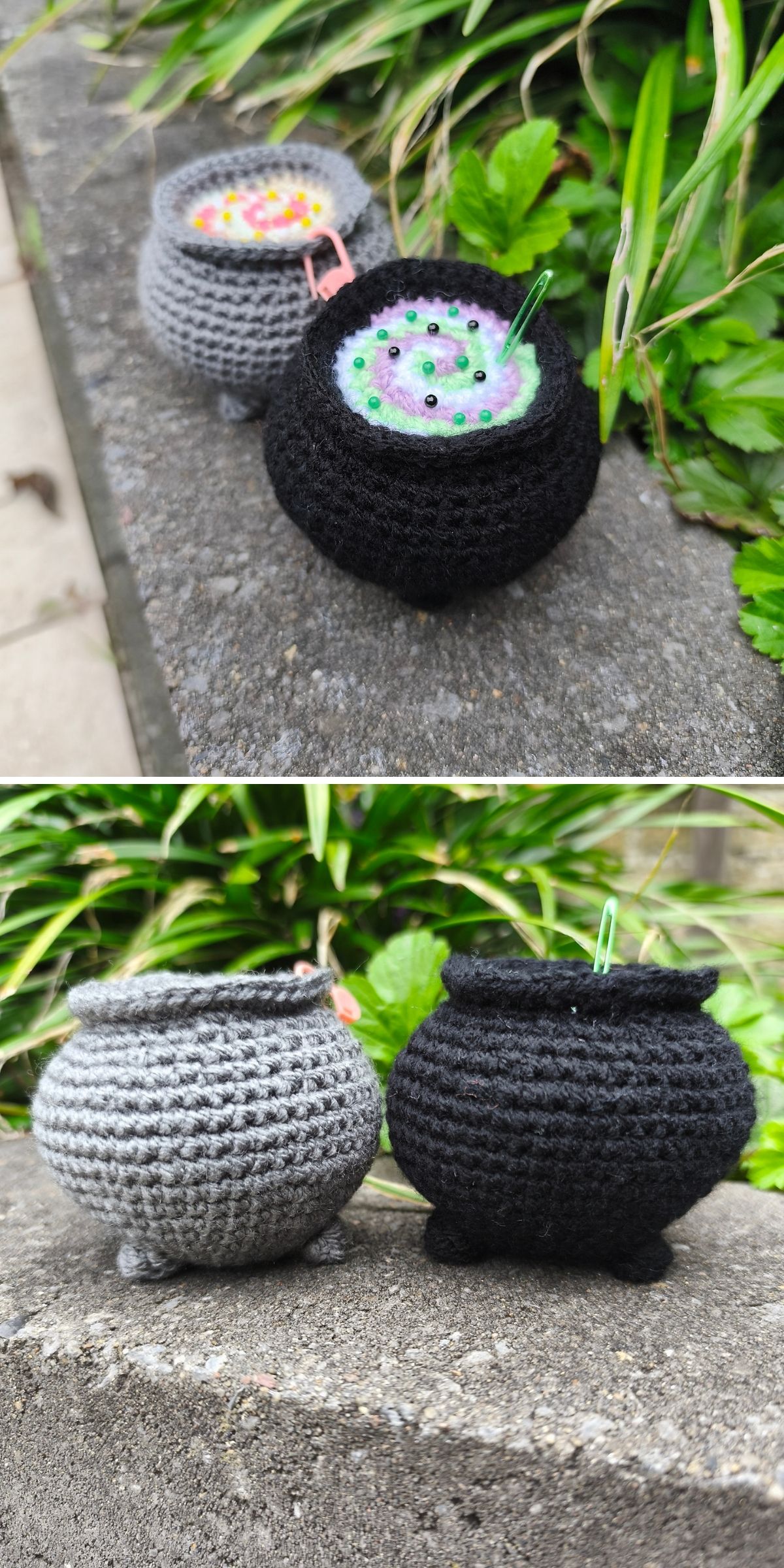Two gray and black crochet pincushion cauldrons on a stone ledge, shown filled with colorful beads in the top image and empty in the bottom image.