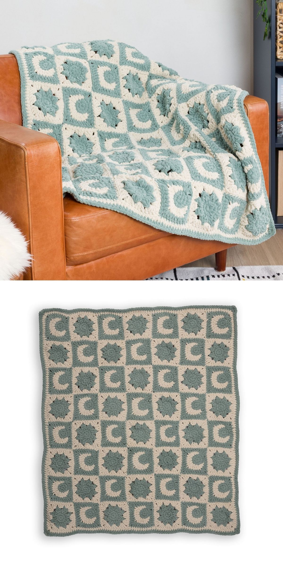 A crochet chunky blanket with a blue and cream geometric pattern is draped over a tan leather armchair and also shown laid flat.