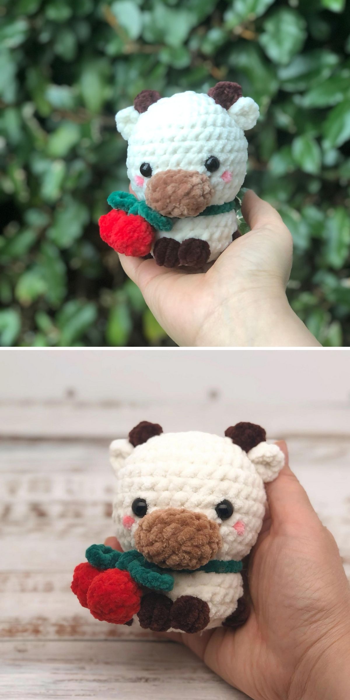 A hand holds a small, crocheted plush toy resembling a cow with brown antlers, a scarf, and a red object, shown against two different backgrounds.