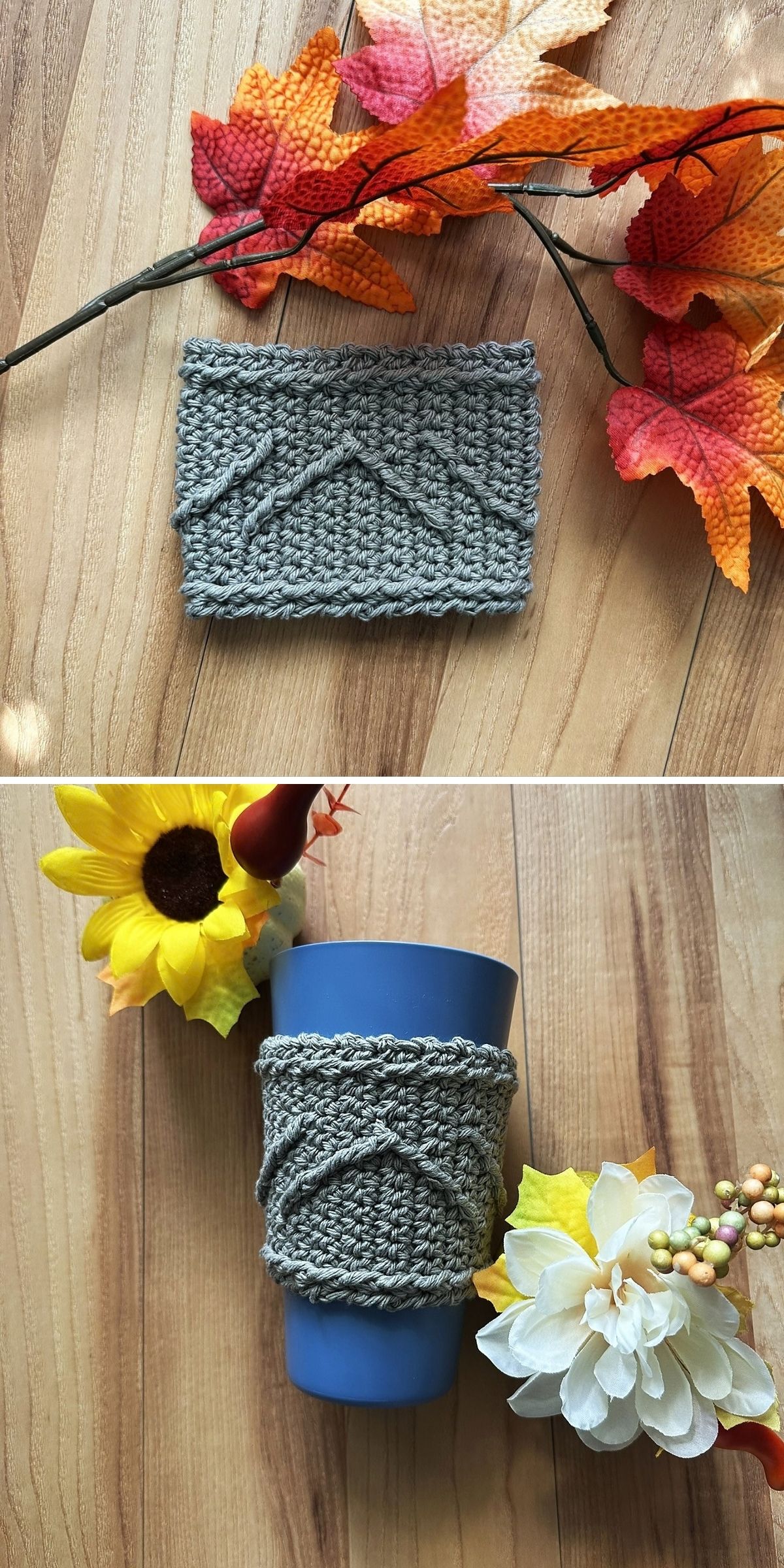 Gray crocheted mug cozy with a cable-knit style mountain pattern, shown flat and around a blue mug with fall-themed decorations.