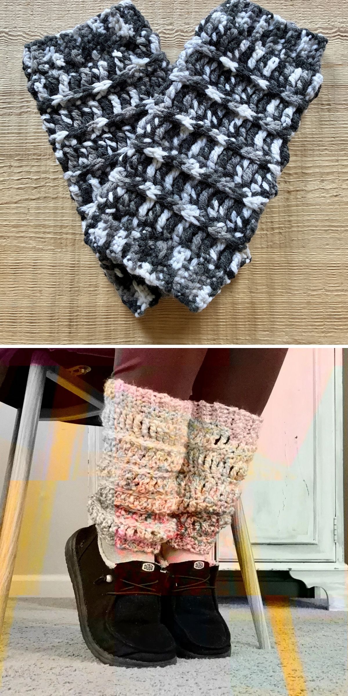 Two pairs of chunky, ribbed crochet leg warmers, one in gray and white variegated yarn and one in pastel variegated yarn, worn over black shoes.