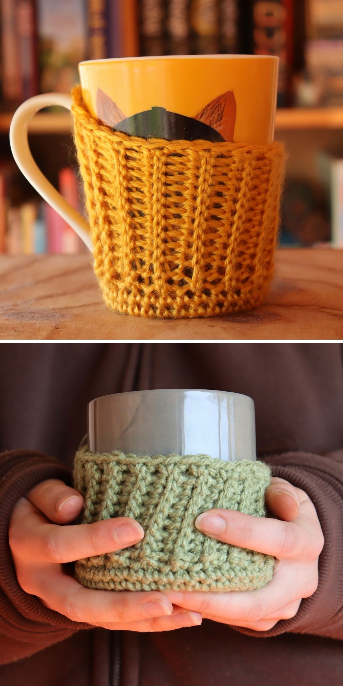 Two mugs with cozies: the first features a yellow crochet mug cozy, partially covering a mug with a cat illustration; the second is green, held in both hands.