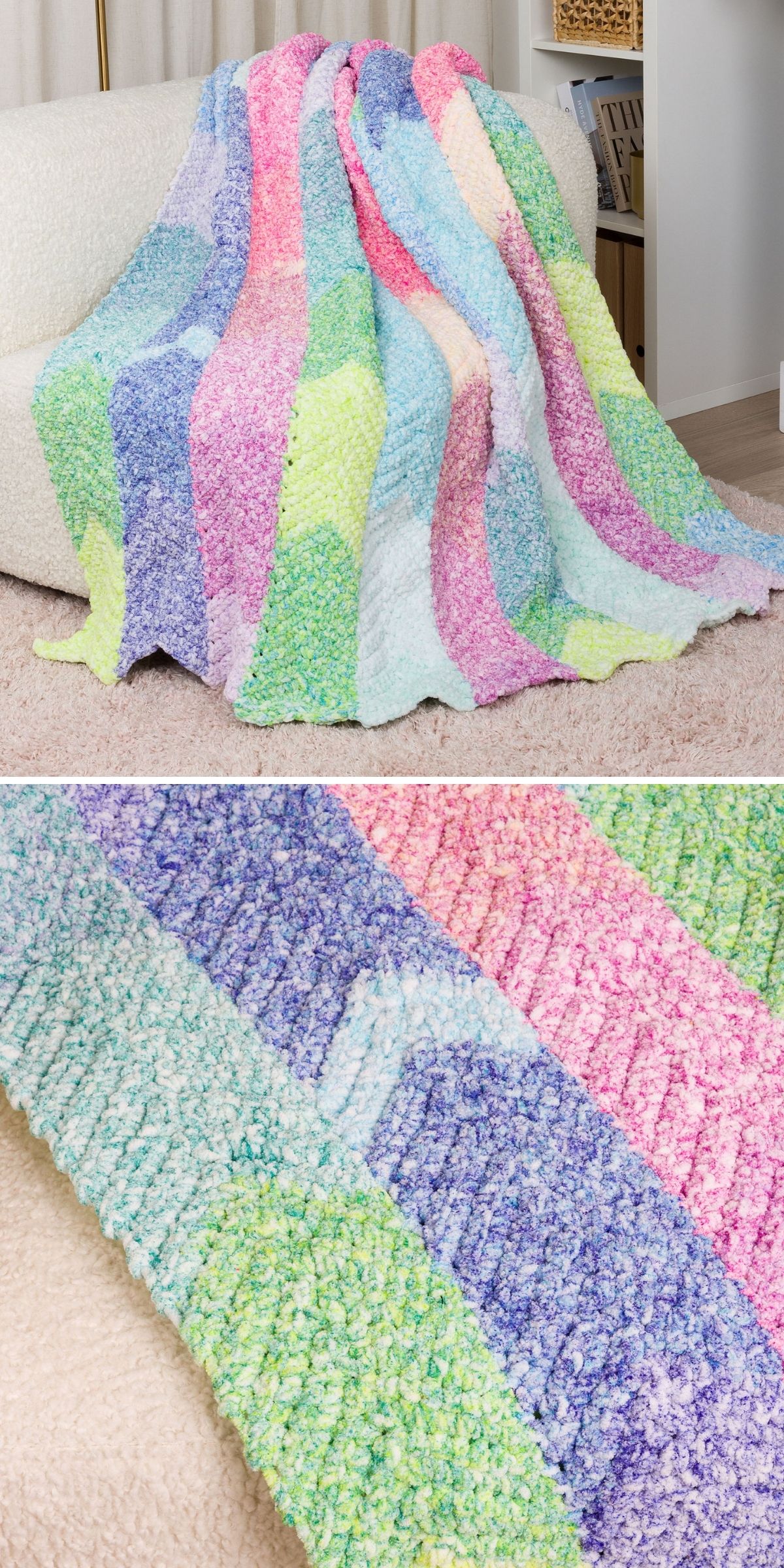 A soft, textured crochet chunky blanket with wide pastel stripes in pink, purple, blue, green, and yellow is draped over a white sofa. A close-up shows the blanket’s fluffy, chunky knit pattern.