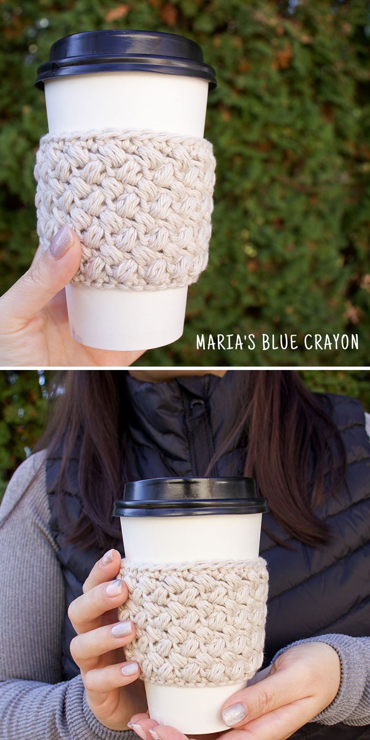 A person holds a white paper coffee cup with a black lid and a chunky beige crochet mug cozy, shown from two angles outdoors.