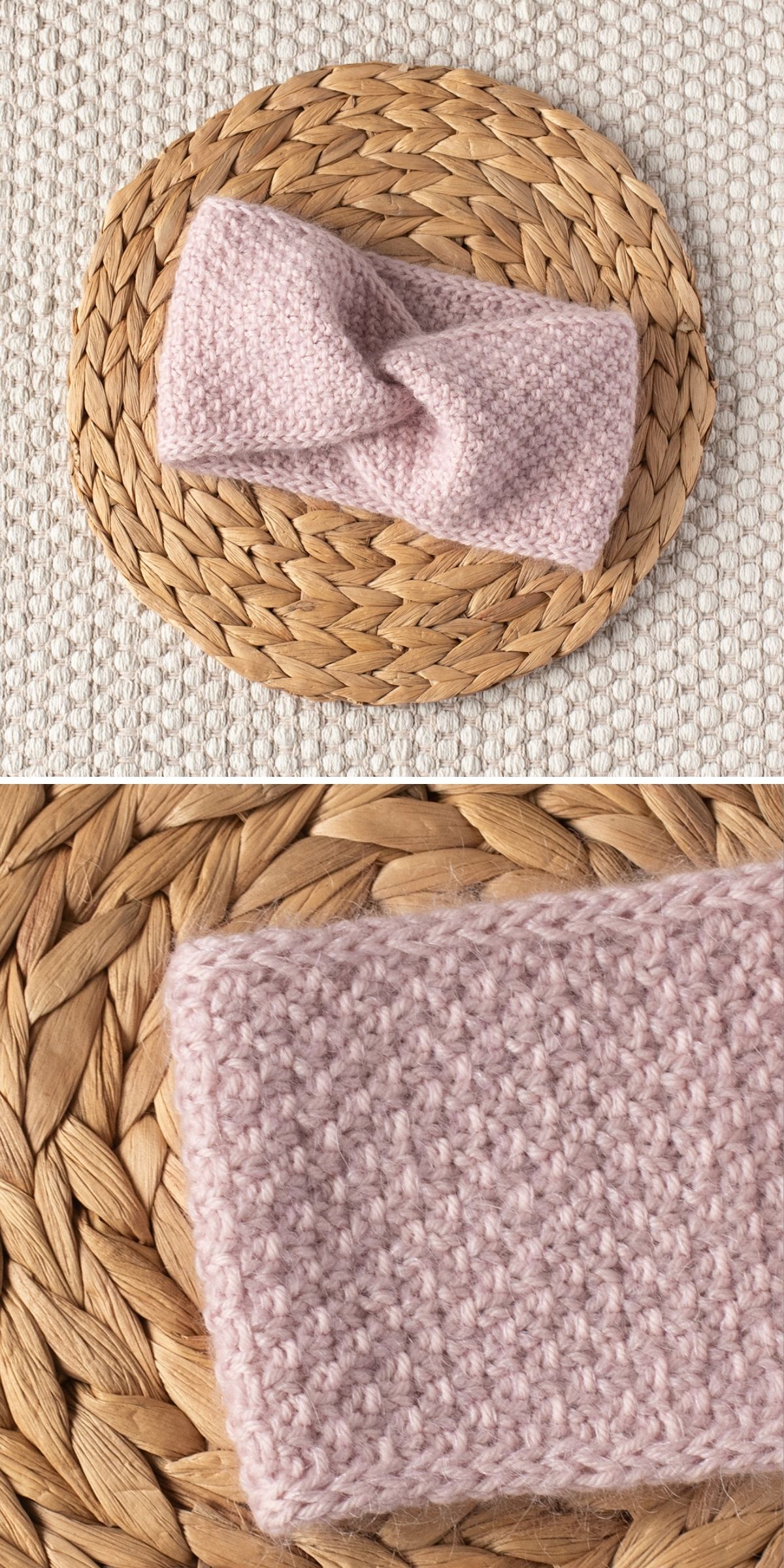 A blush pink knitted headband with a central twist detail, resting on a round woven placemat.