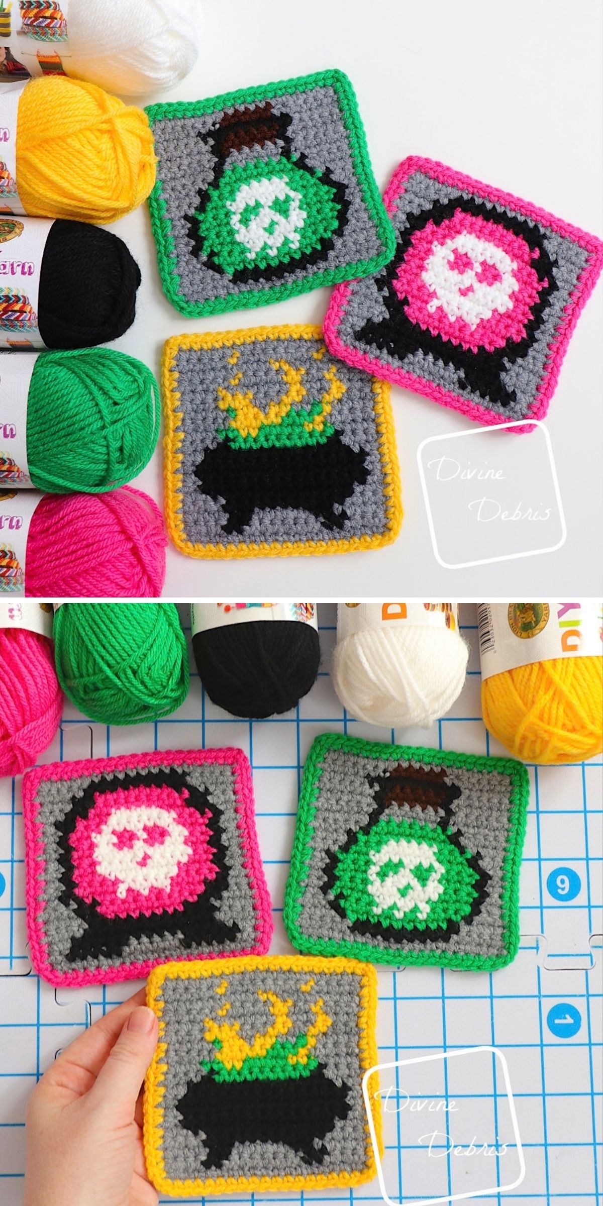 Three crochet halloween squares featuring pixel-art style designs of a green potion, a pink crystal ball, and a cauldron, arranged next to balls of yarn on a cutting mat.
