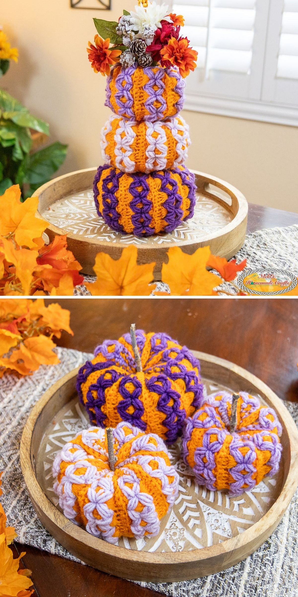 Two wooden trays display orange, purple, and white crochet pumpkins; the top tray has a stacked arrangement, while the bottom tray shows three pumpkins side by side.