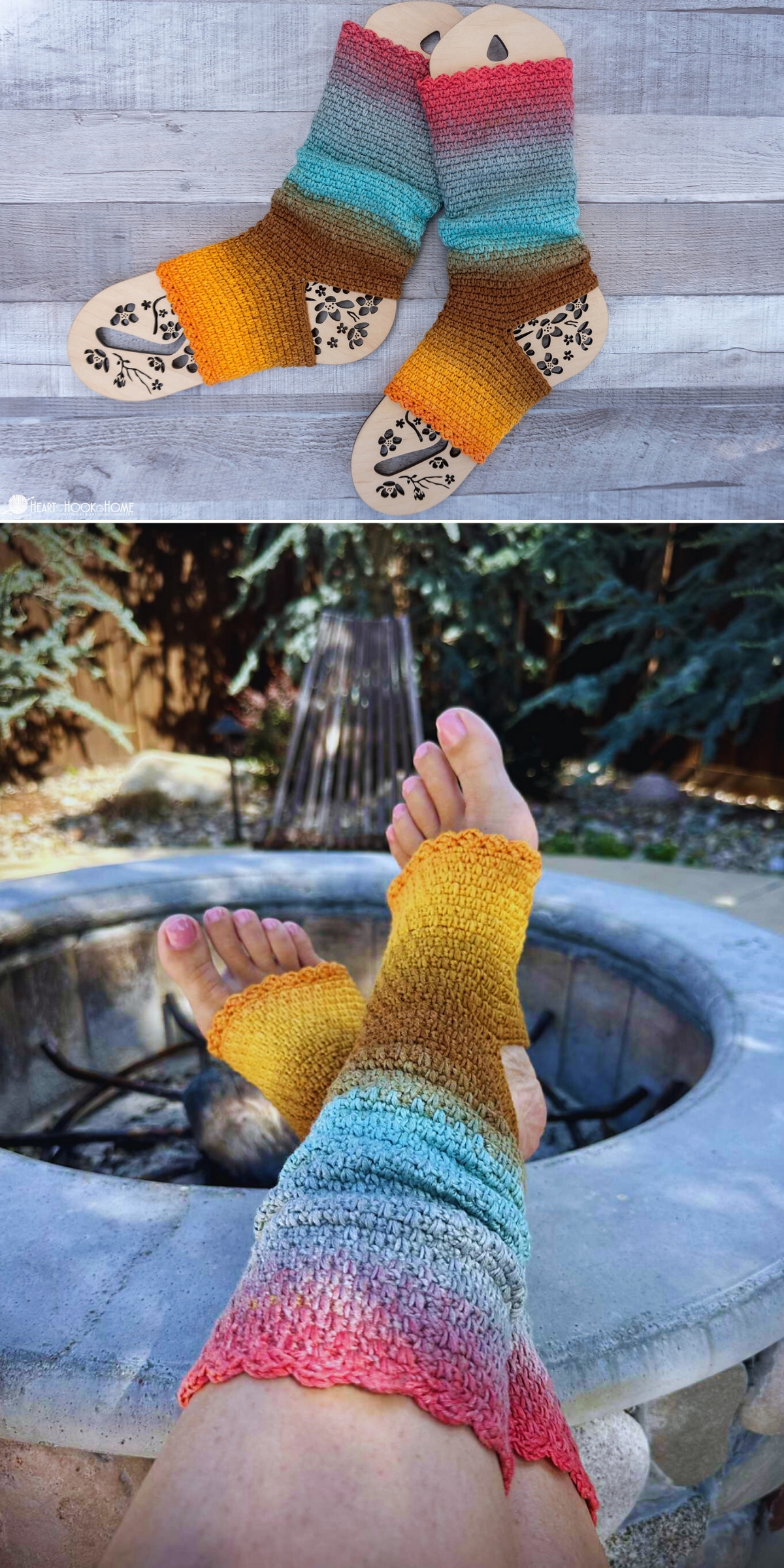 Handmade gradient crochet yoga socks in shades of gold, green, blue, and red, shown laid flat and worn on feet outdoors near a fire pit. Inspired by classic Leg Warmers and perfect for comfy yoga trainings.