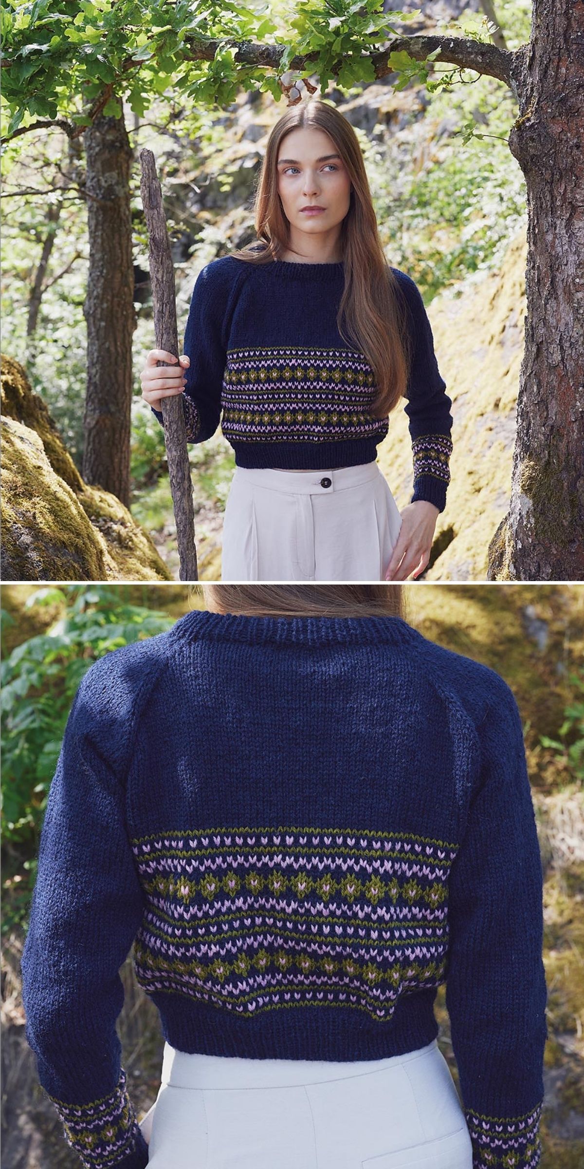 A woman wearing a navy blue patterned knit sweater and light-colored pants stands outdoors among trees and rocks, shown from the front and back.