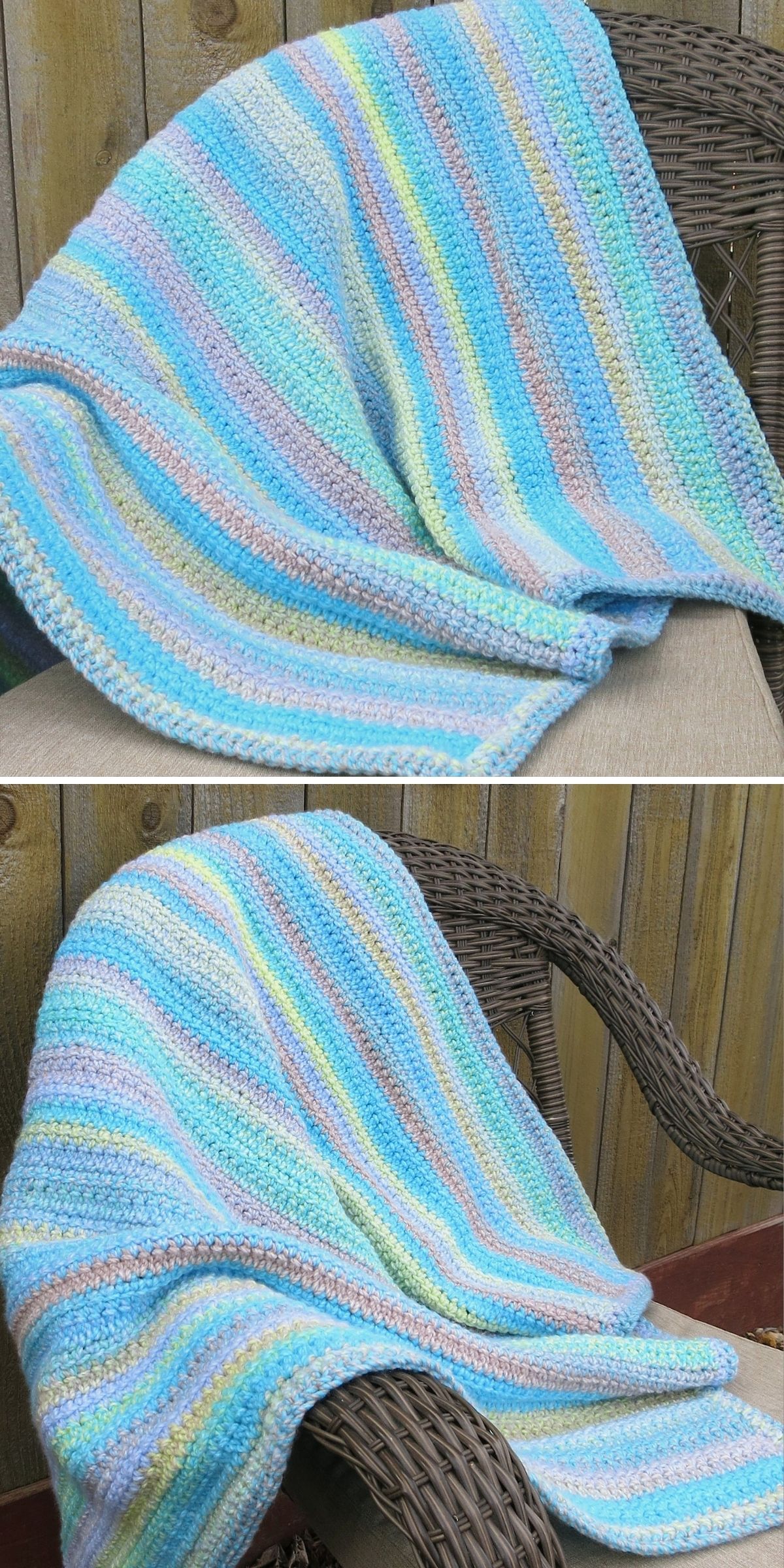 A blue crochet blanket with green and cream stripes draped over a wicker chair.