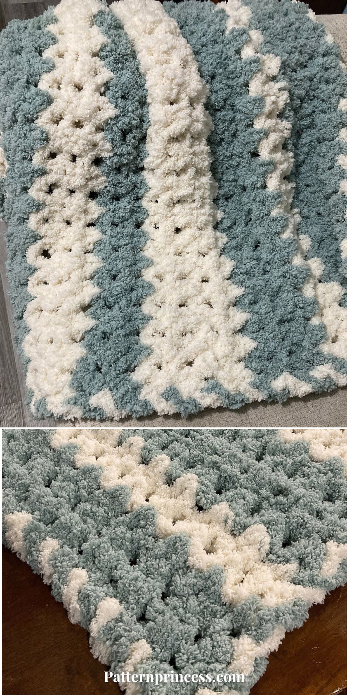 A crochet chunky blanket with alternating stripes of soft white and blue-gray yarn, featuring a textured, star-like pattern.