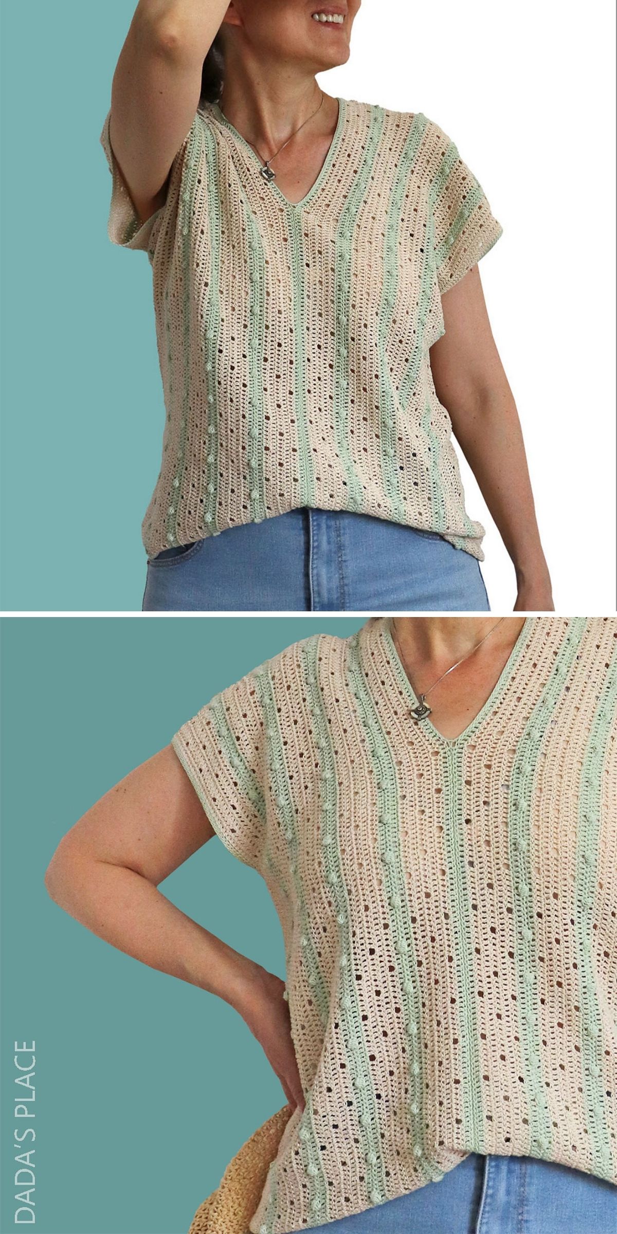 A person wears a short-sleeved, light beige and green striped crochet tee with blue jeans, standing against a teal background.