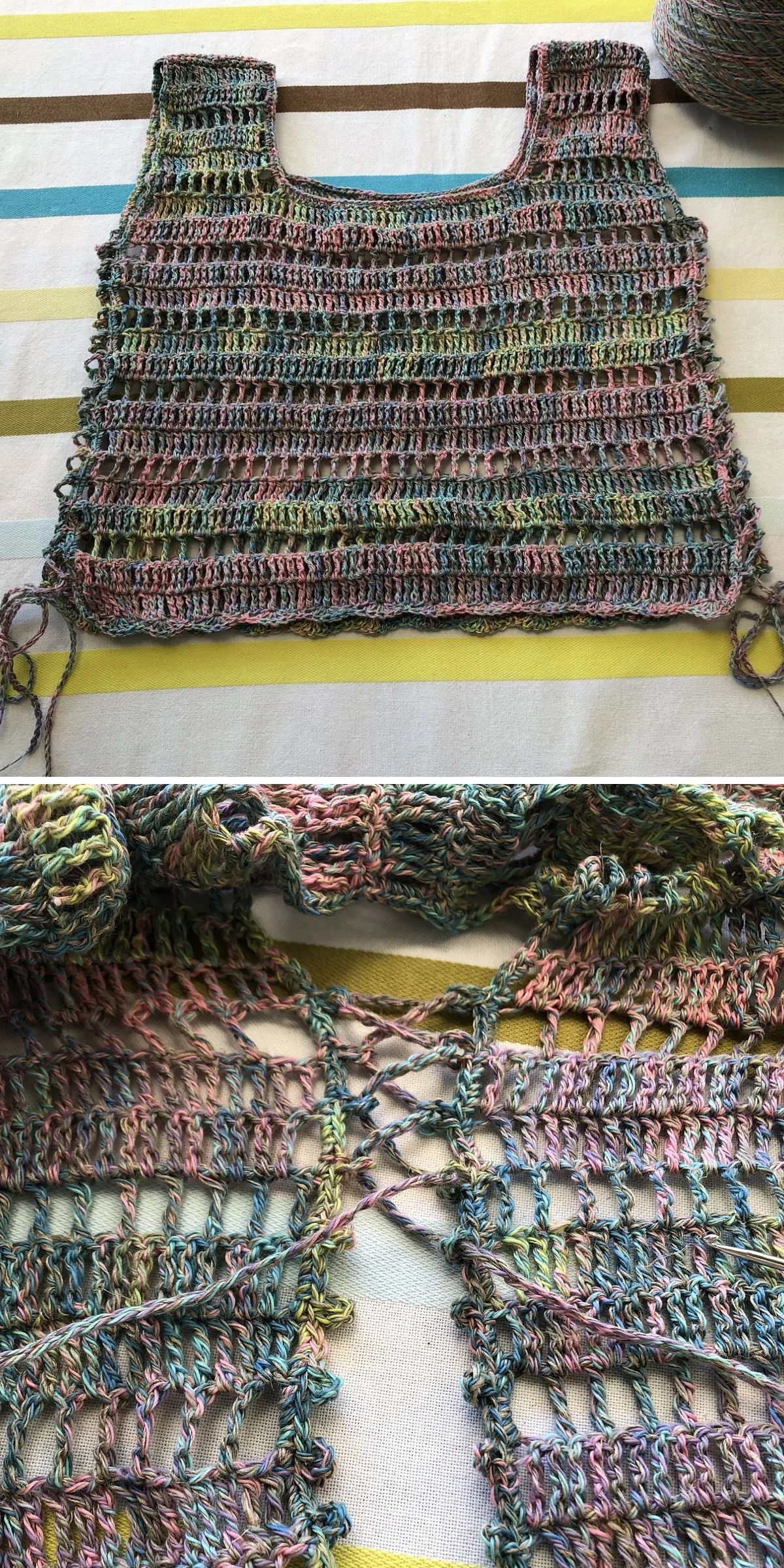 A crochet tank top in variegated yarn is shown; the close-up displays laced-up detail at the back with visible openwork patterns and loose yarn ends.