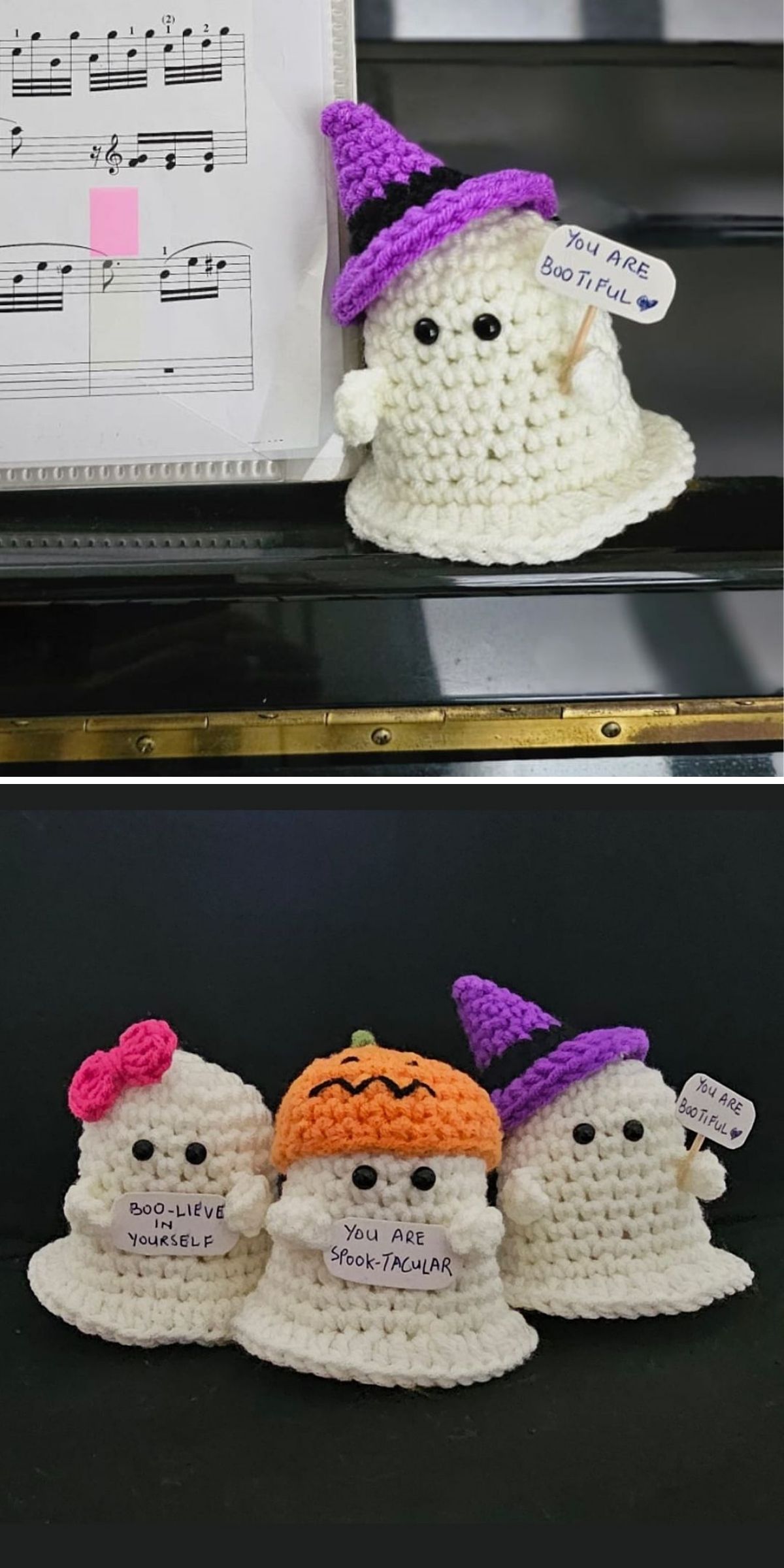 Two photos show crocheted ghost decorations with hats and positive messages on notes, displayed on a piano and on a black surface. Each ghost has black button eyes and a friendly appearance, making them perfect for Halloween decor. These charming figures are created using free crochet patterns, adding a handmade touch to your festive celebrations.