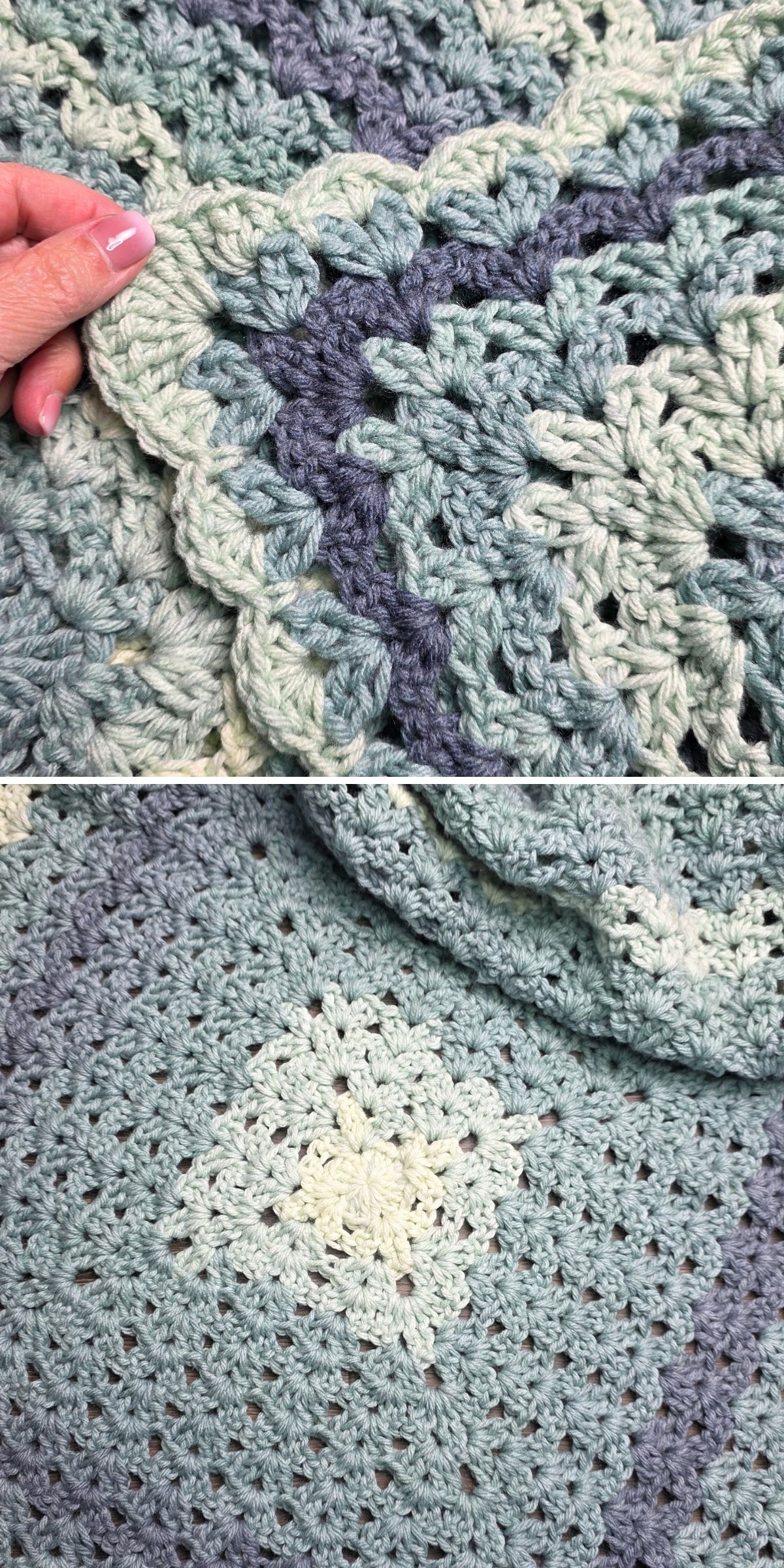 Two close-up shots of a hand holding a blue crochet blanket featuring a multicolored floral motif and scalloped edges in shades of blue, purple, and light green.