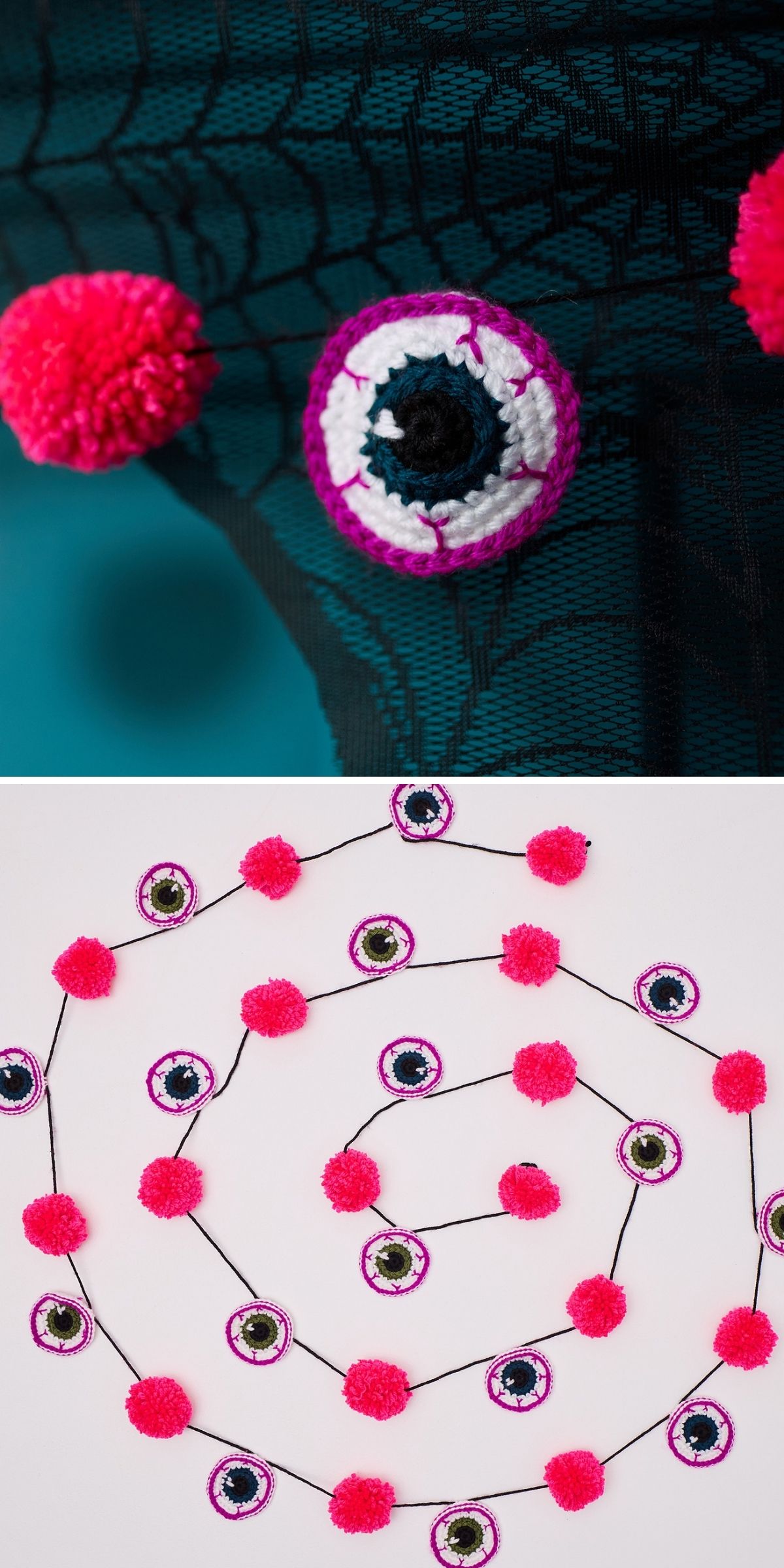 A string of alternating pink yarn pom-poms and crochet halloween eyeball appliques coiled on a white surface, with a close-up detail above.