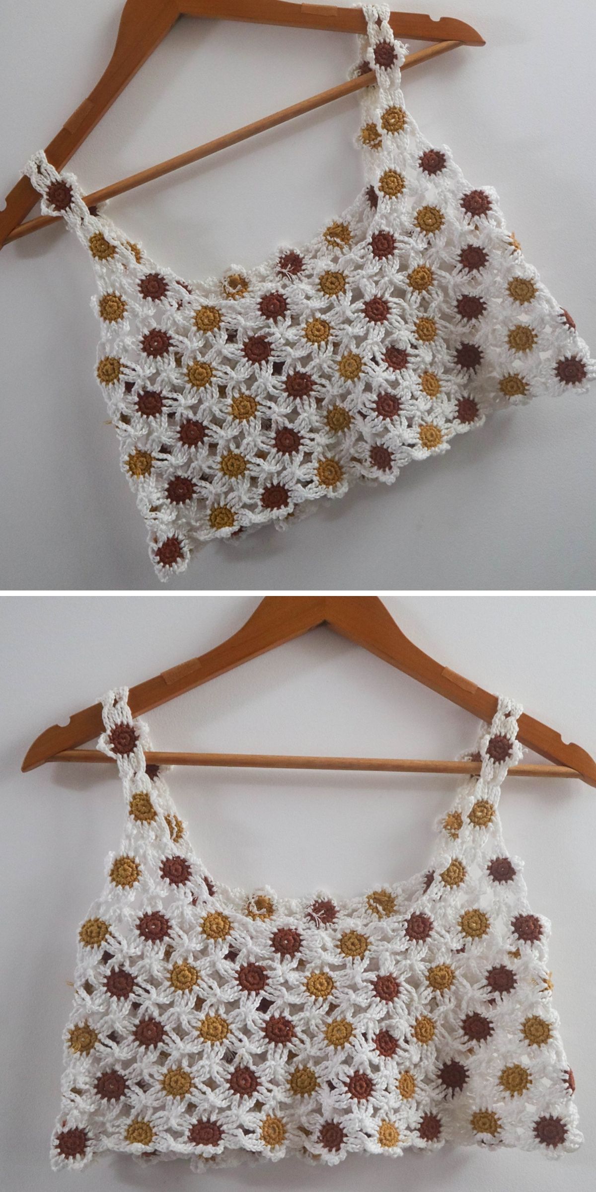 Two images show a crochet tank top with a pattern of white, brown, and yellow flower motifs, displayed on a wooden hanger against a plain wall.