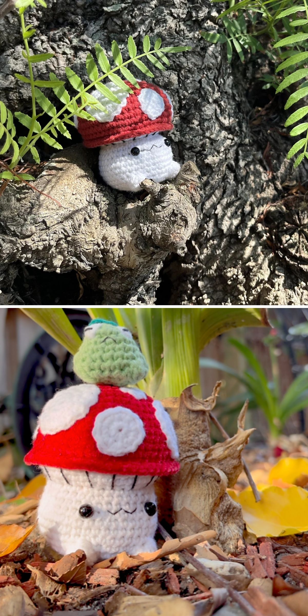 Two photos of crochet mushroom amigurumi figures with red caps and white spots, placed outdoors among tree bark, leaves, and plants.