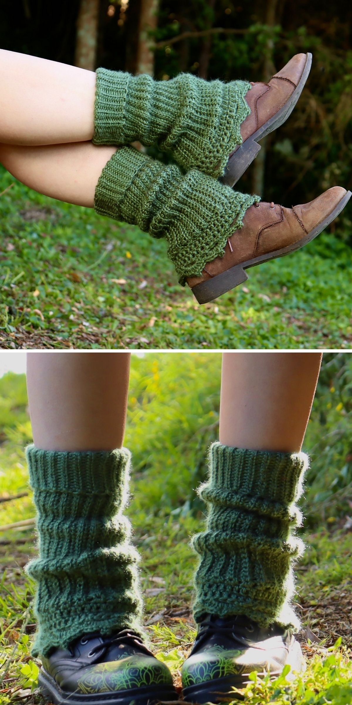 Two photos show a person wearing green crochet leg warmers over shoes outdoors, with grass and trees in the background.