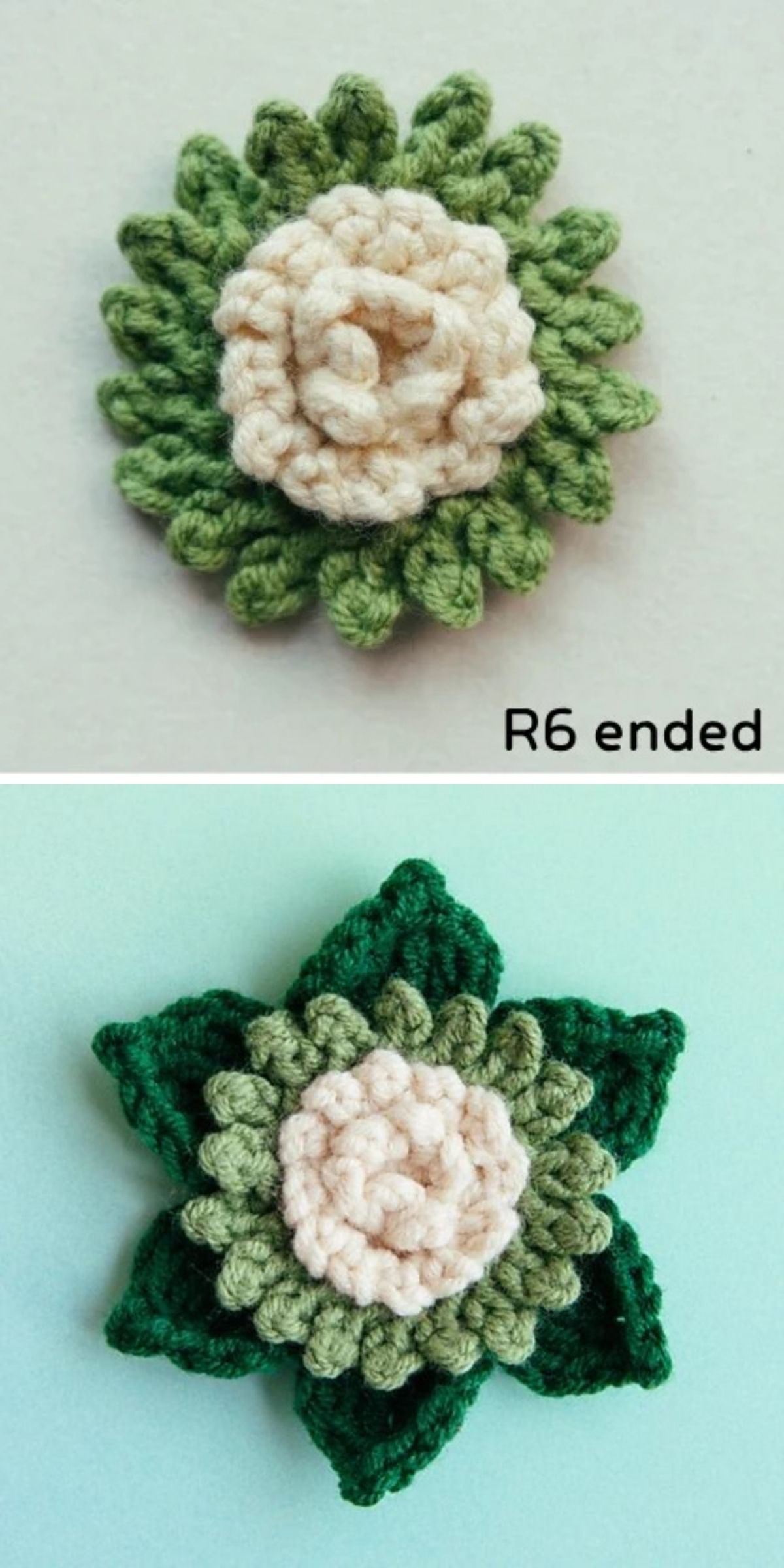 Two examples of a crocheted flower plant with a cream center and green petals, with the text “R6 ended” next to the top image.