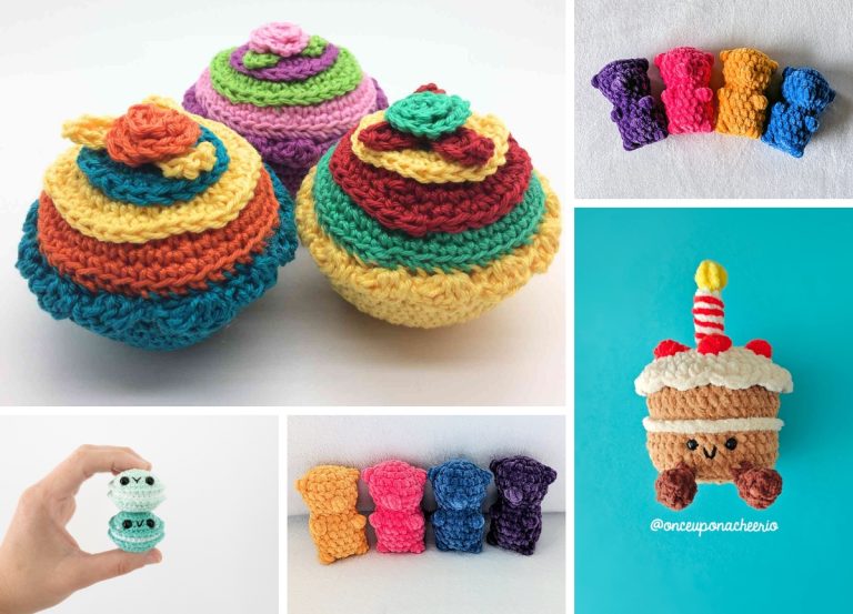 A collage of colorful crocheted dessert ideas, including cupcakes, small gummy bears, macarons with faces, and a crochet birthday cake with a candle on a blue background.