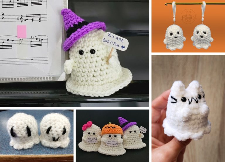 Collage of five crocheted ghost figures, created using crochet ghost patterns, including one with a hat and sign, two with black eyes, jewelry earrings, a white cat ghost, and a trio with colored hats—the perfect inspiration for your next Halloween project.