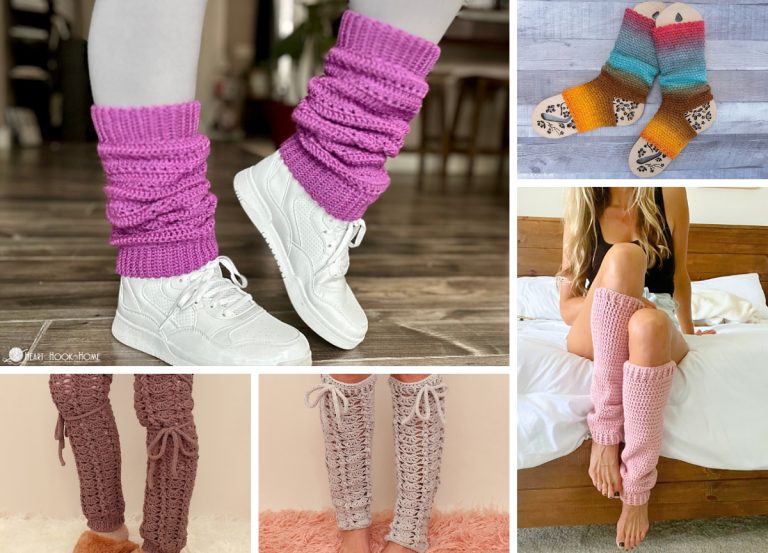 Collage of crocheted leg warmers and socks in various colors and styles, modeled by people standing or sitting, and shown paired with sneakers or on bare feet. Perfect for inspiration, this collection highlights unique crochet leg warmer patterns you’ll want to try out yourself.