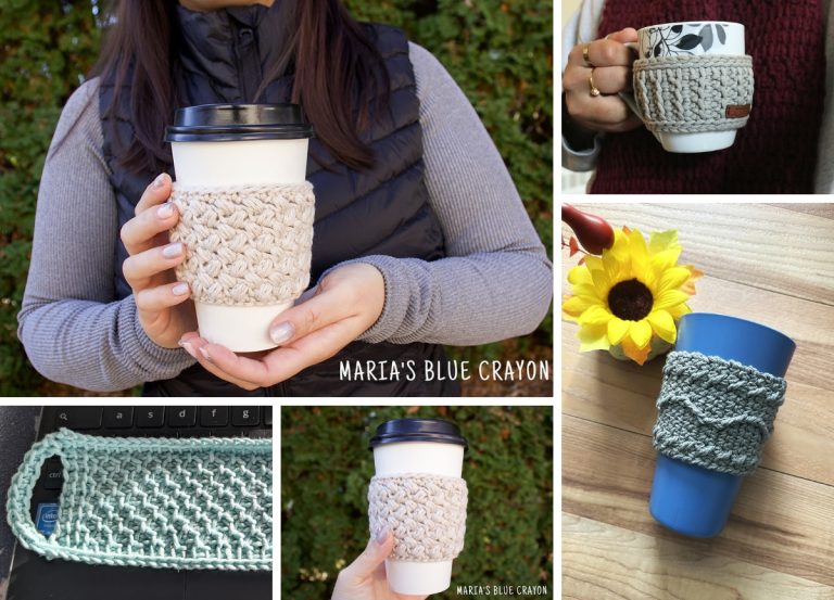 Collage of five photos showing crocheted cup sleeves in different colors and textures on various cups and mugs, each featuring a unique crochet mug cozy design.